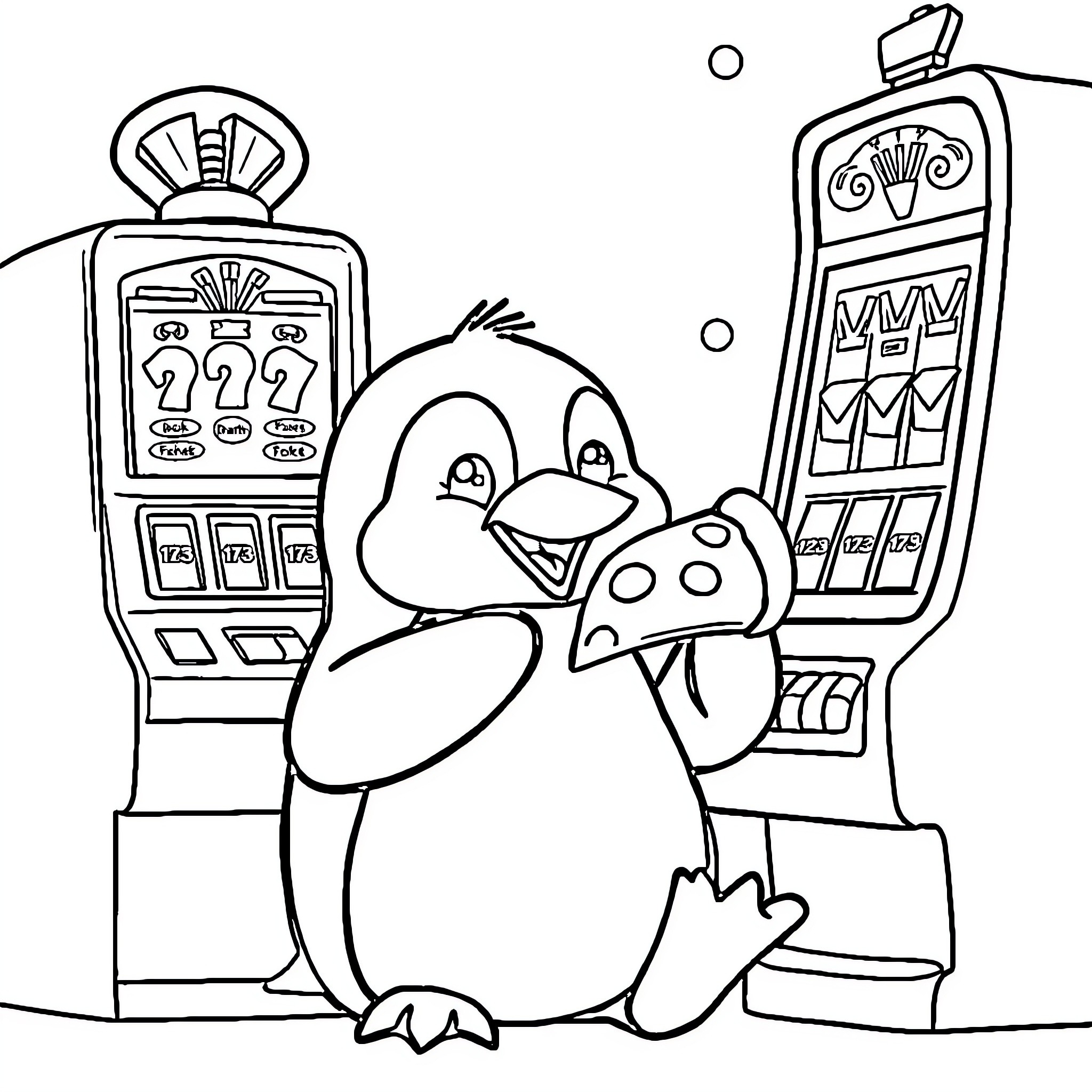 Penguins playing with slot machines Coloring Page (free black-and-white line drawing printable PDF for all, from beginners to advanced learners, including children, teens, adults, and seniors)