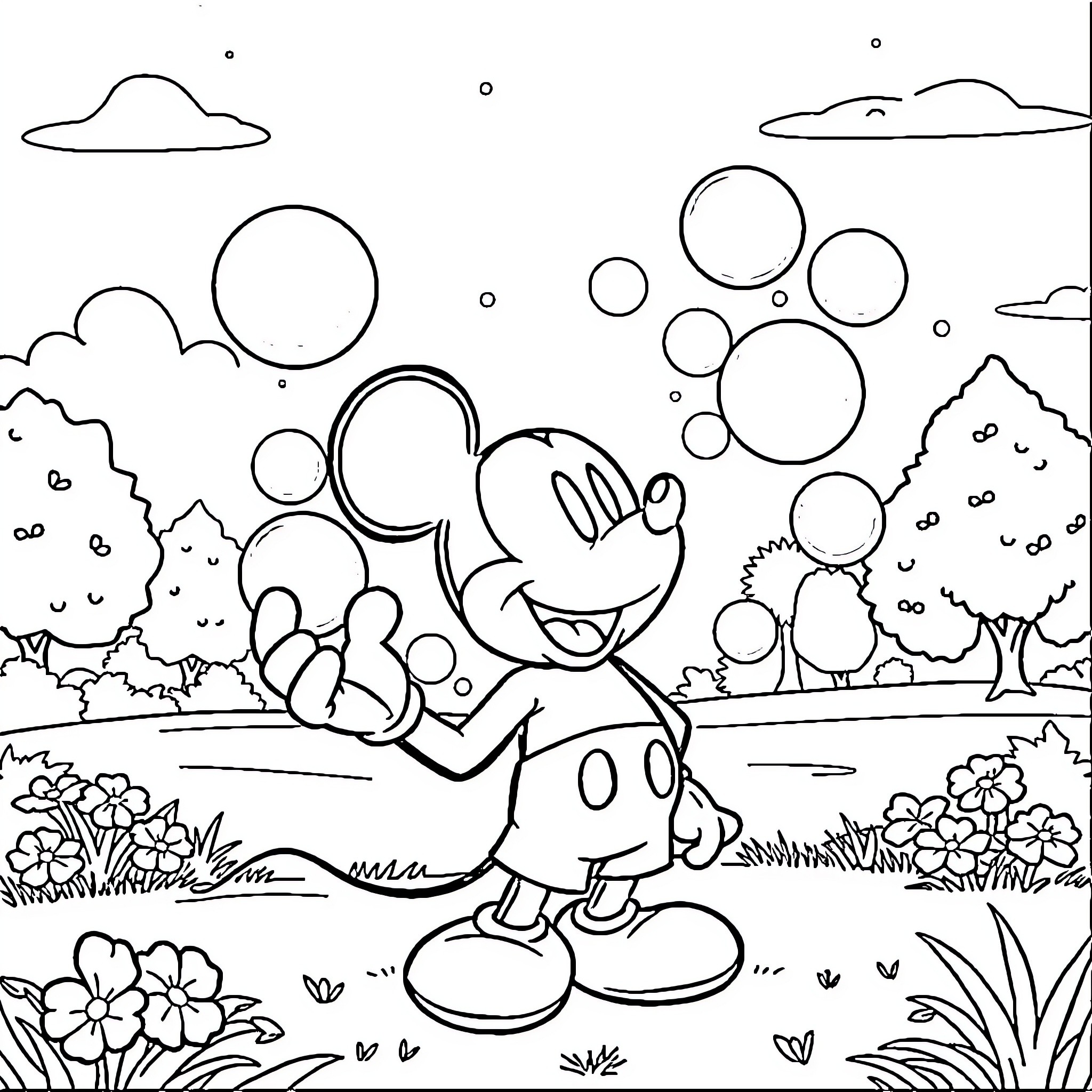 Mickey Mouse playing in a whimsical outdoor scene Coloring Page (free black-and-white line drawing printable PDF for all, from beginners to advanced learners, including children, teens, adults, and seniors)