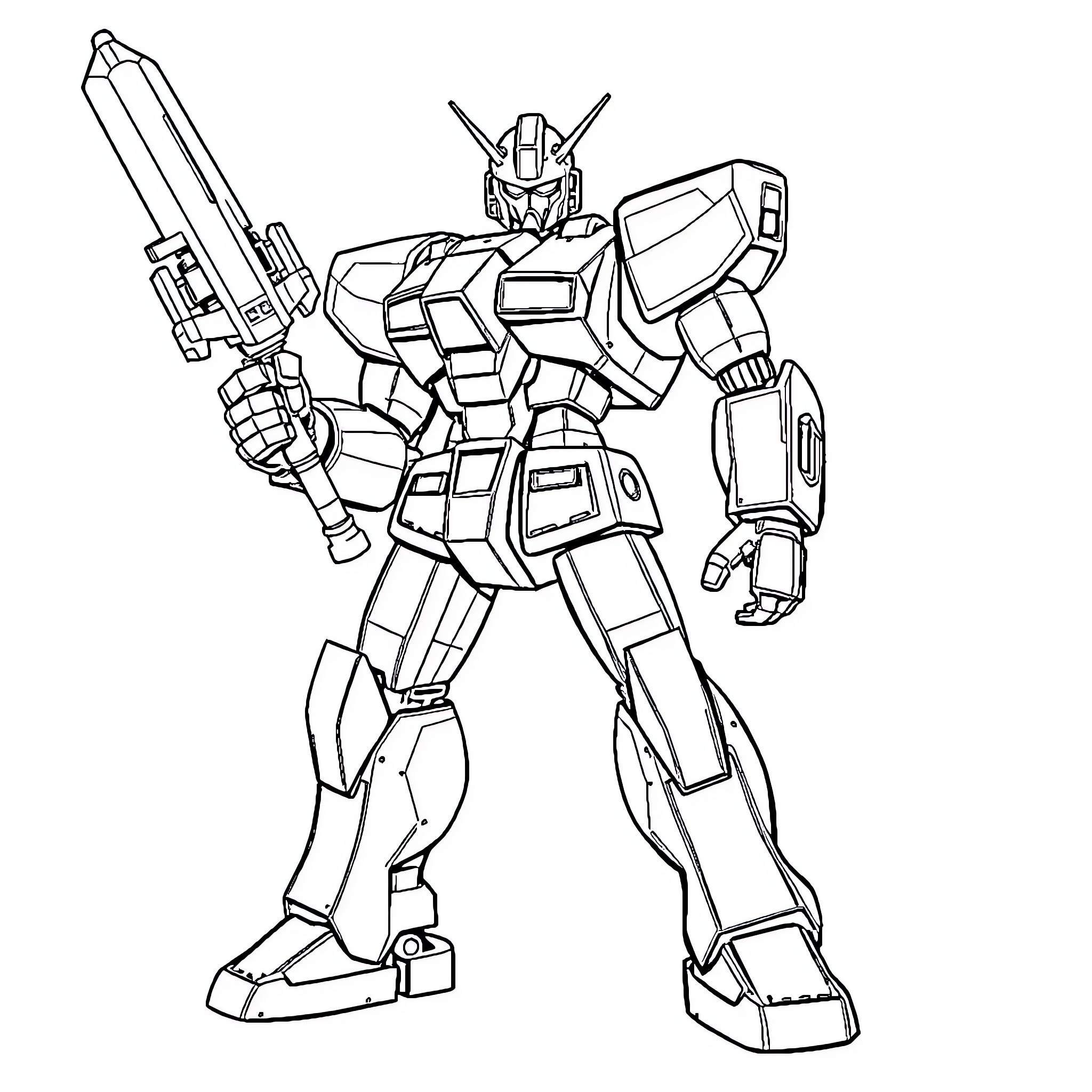 Robot in heroic combat pose with weapon Coloring Page (free black-and-white line drawing printable PDF for all, from beginners to advanced learners, including children, teens, adults, and seniors)