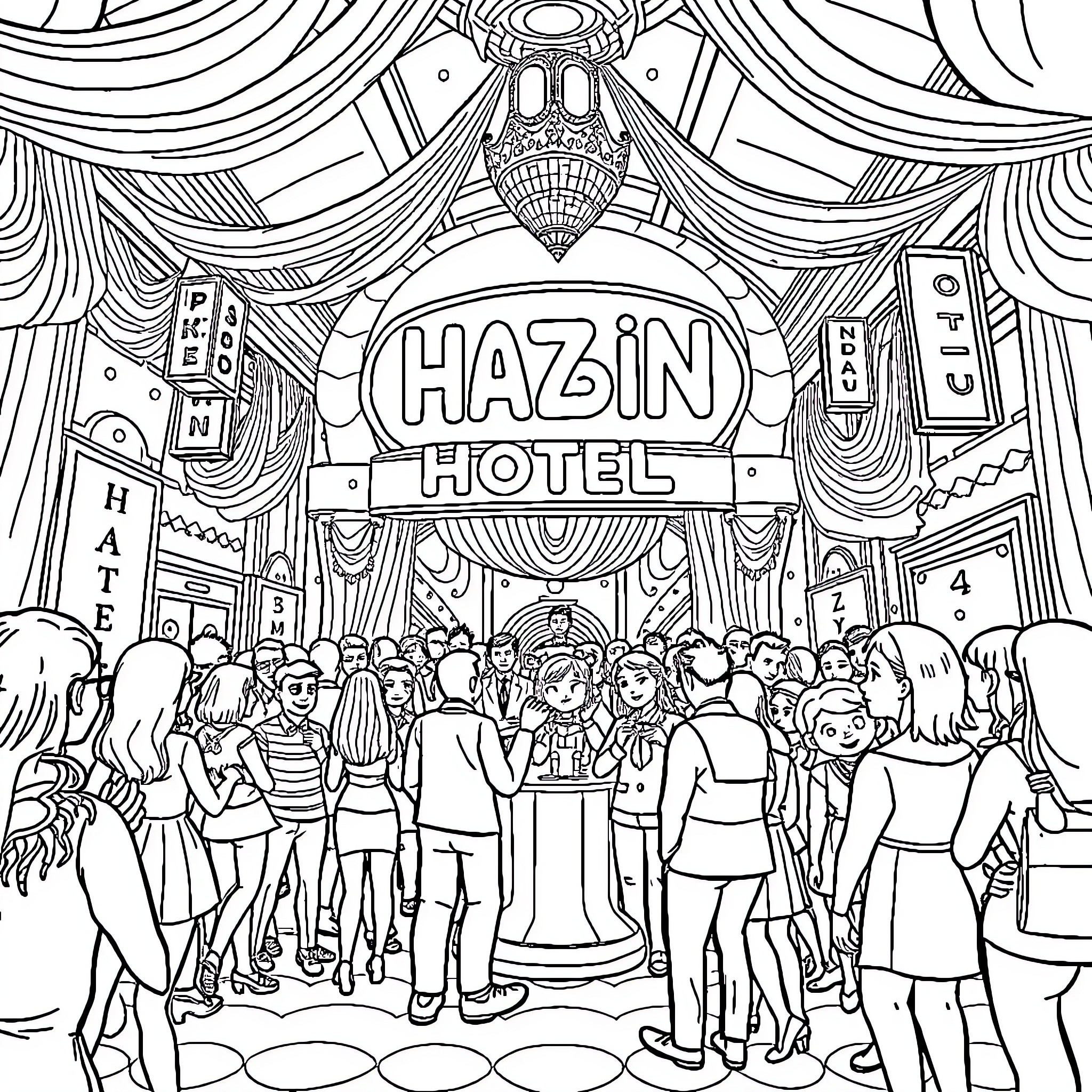 Hazbin Hotel Characters in Elaborate Animated Lobby Scene Coloring Page (free black-and-white line drawing printable PDF for all, from beginners to advanced learners, including children, teens, adults, and seniors)
