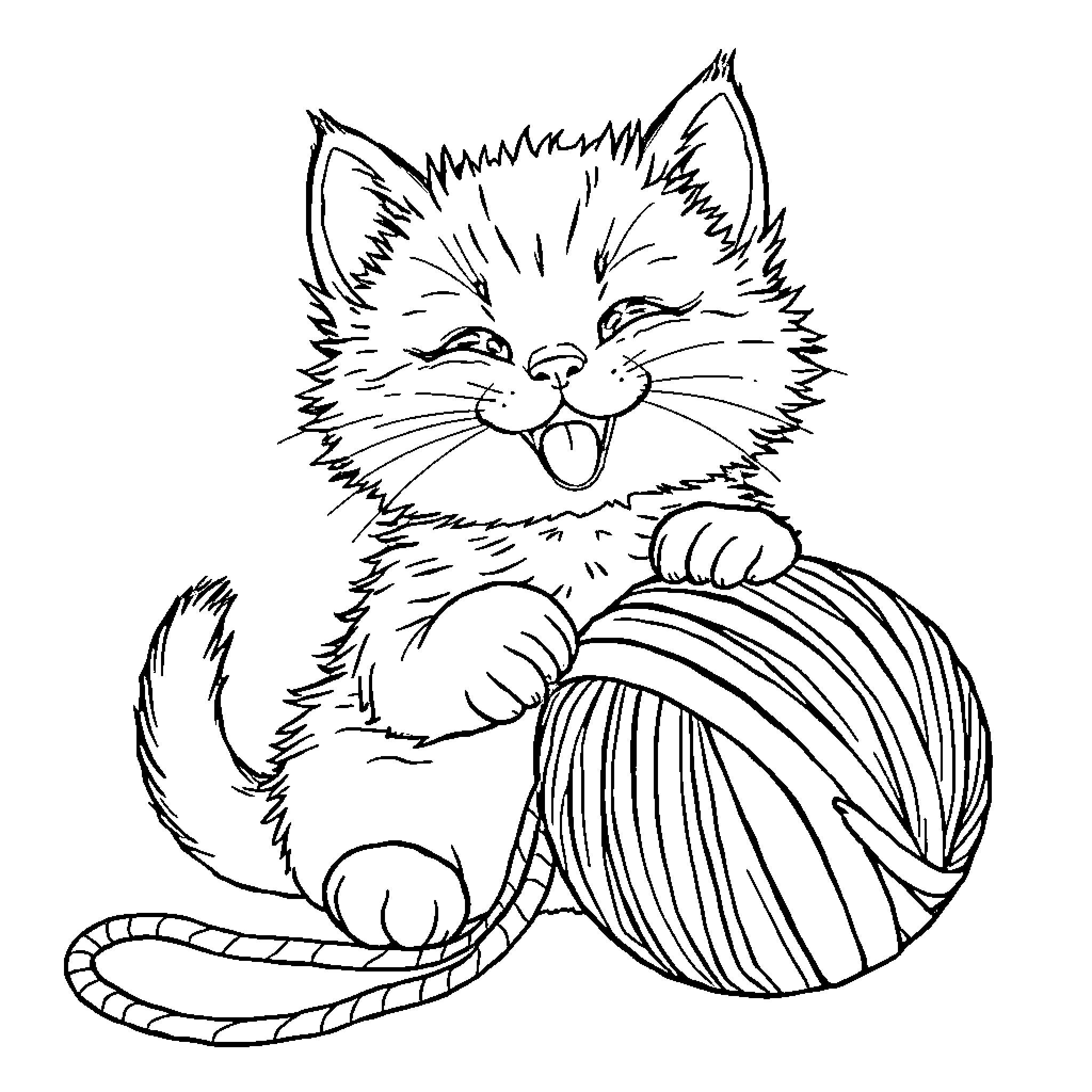 Kitten playing with yarn ball Coloring Page (free black-and-white line drawing printable PDF for all, from beginners to advanced learners, including children, teens, adults, and seniors)