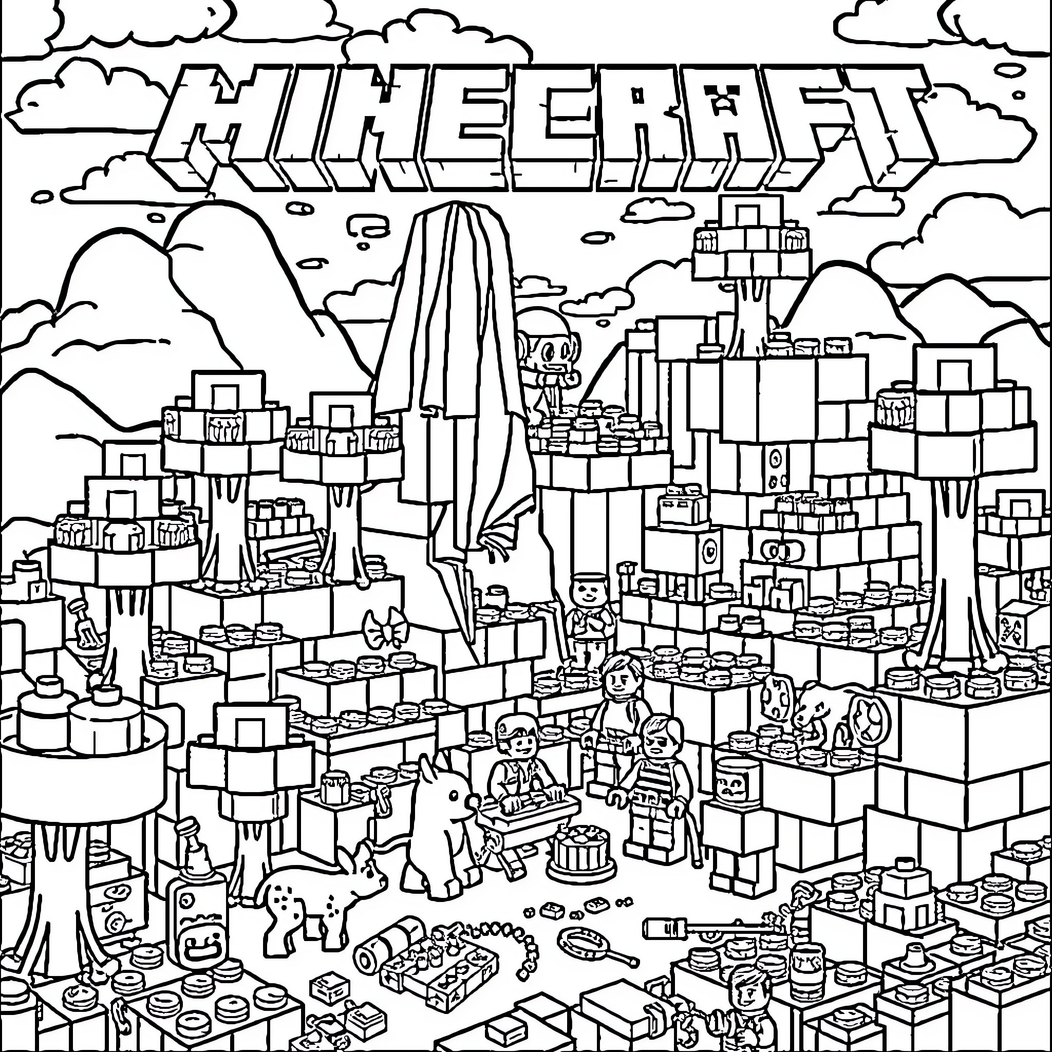 Lego Minecraft world with diverse structures and characters Coloring Page (free black-and-white line drawing printable PDF for all, from beginners to advanced learners, including children, teens, adults, and seniors)