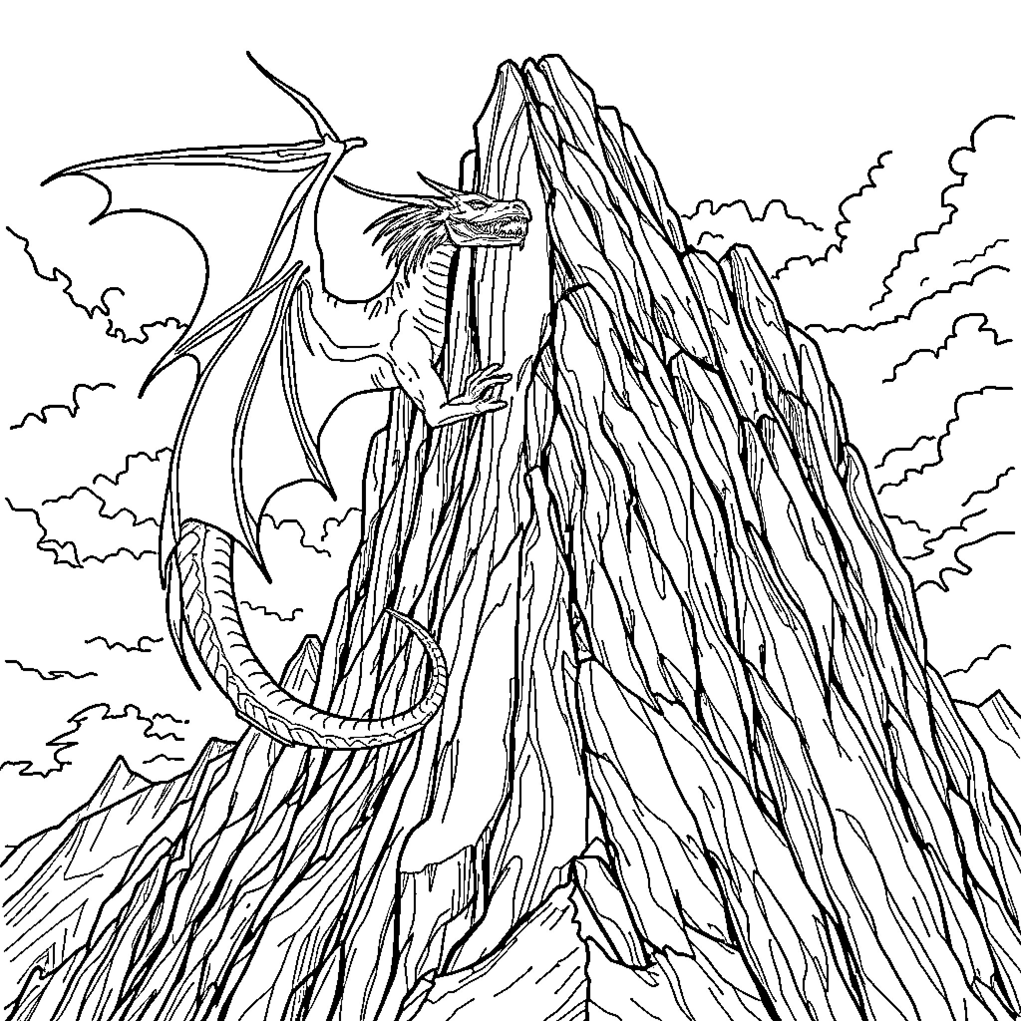 Dragon perched atop a majestic mountain peak Coloring Page (free black-and-white line drawing printable PDF for all, from beginners to advanced learners, including children, teens, adults, and seniors)