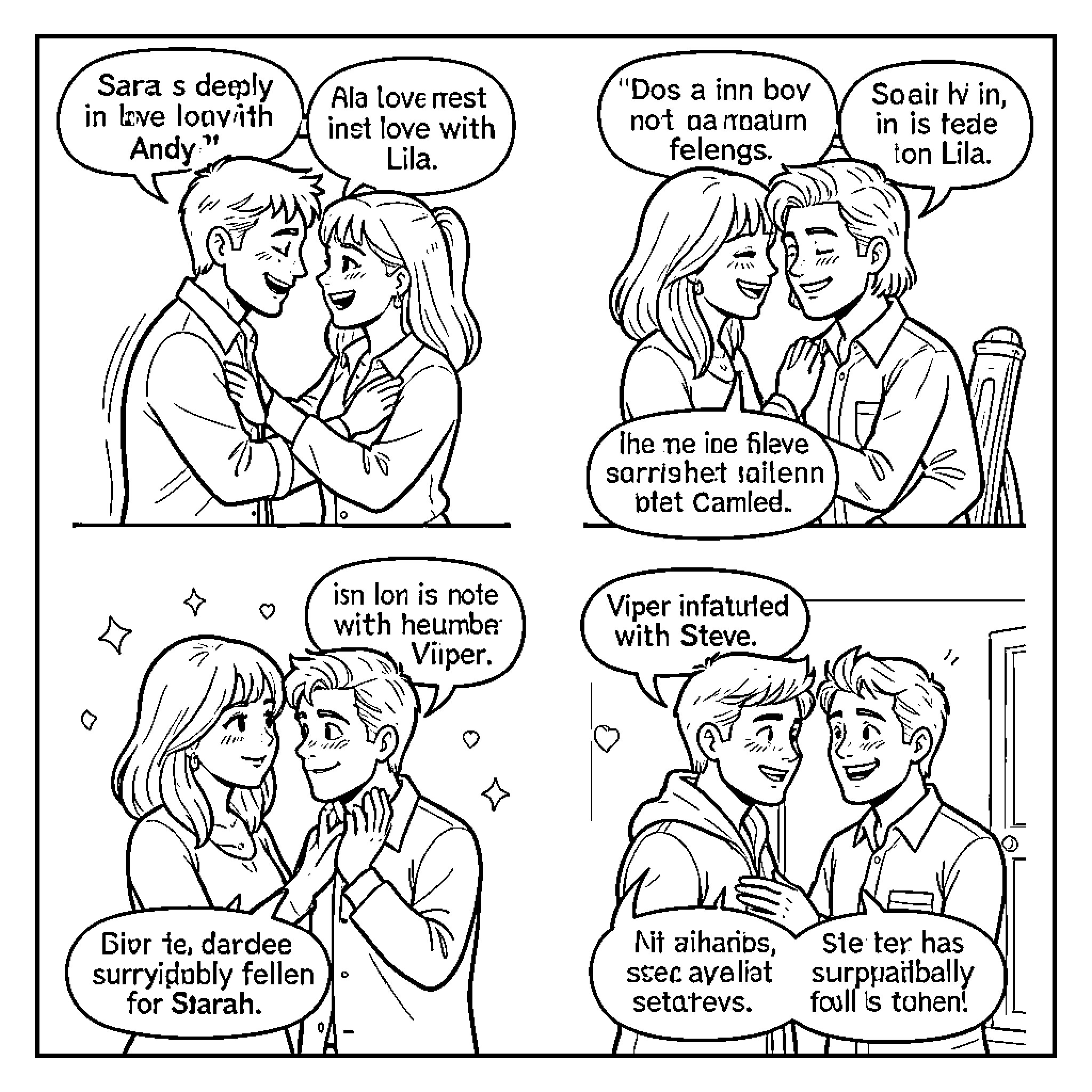Love blooms amidst heartfelt conversations and affectionate gestures Coloring Page (free black-and-white line drawing printable PDF for all, from beginners to advanced learners, including children, teens, adults, and seniors)