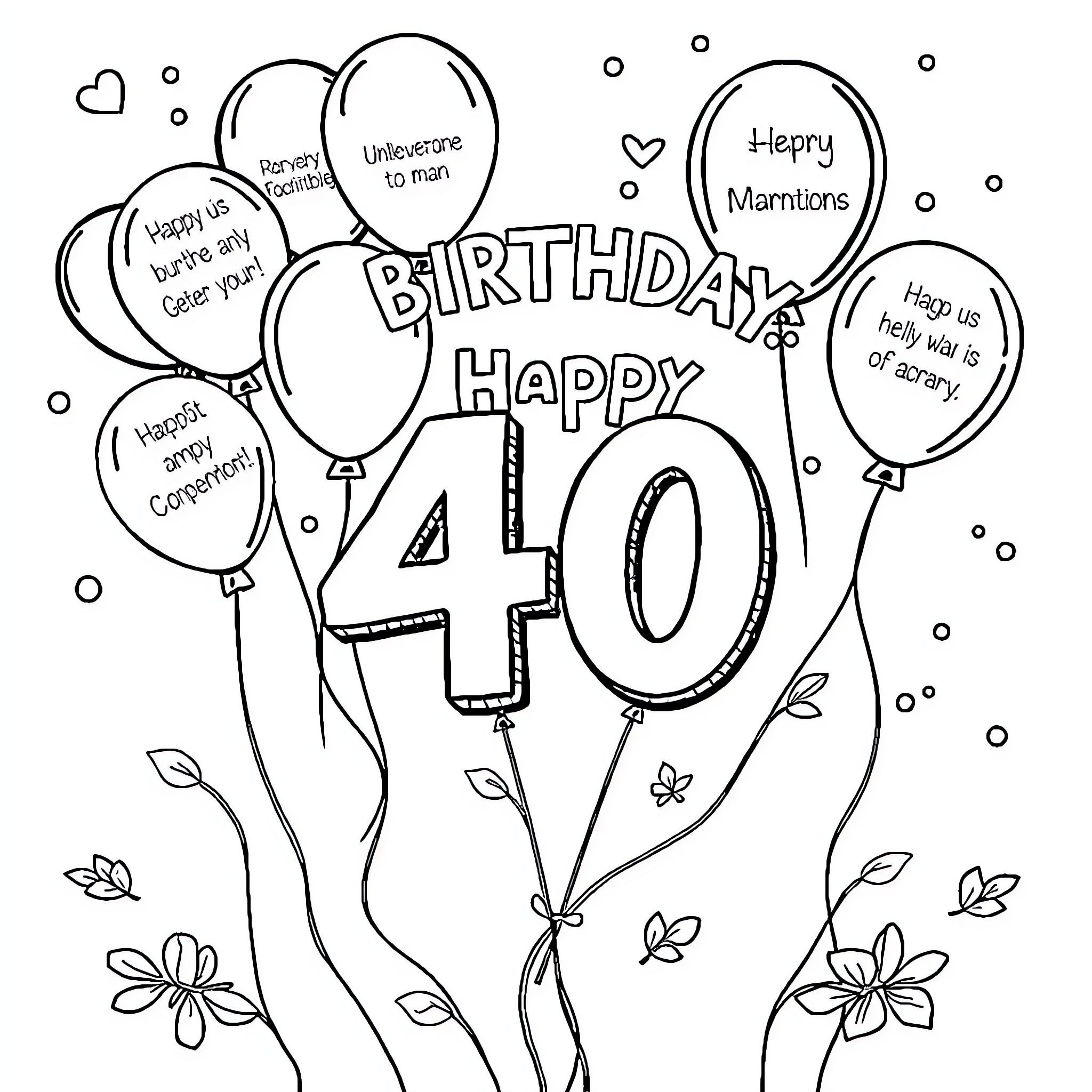 Birthday Celebration with Balloons and Messages Coloring Page (free black-and-white line drawing printable PDF for all, from beginners to advanced learners, including children, teens, adults, and seniors)