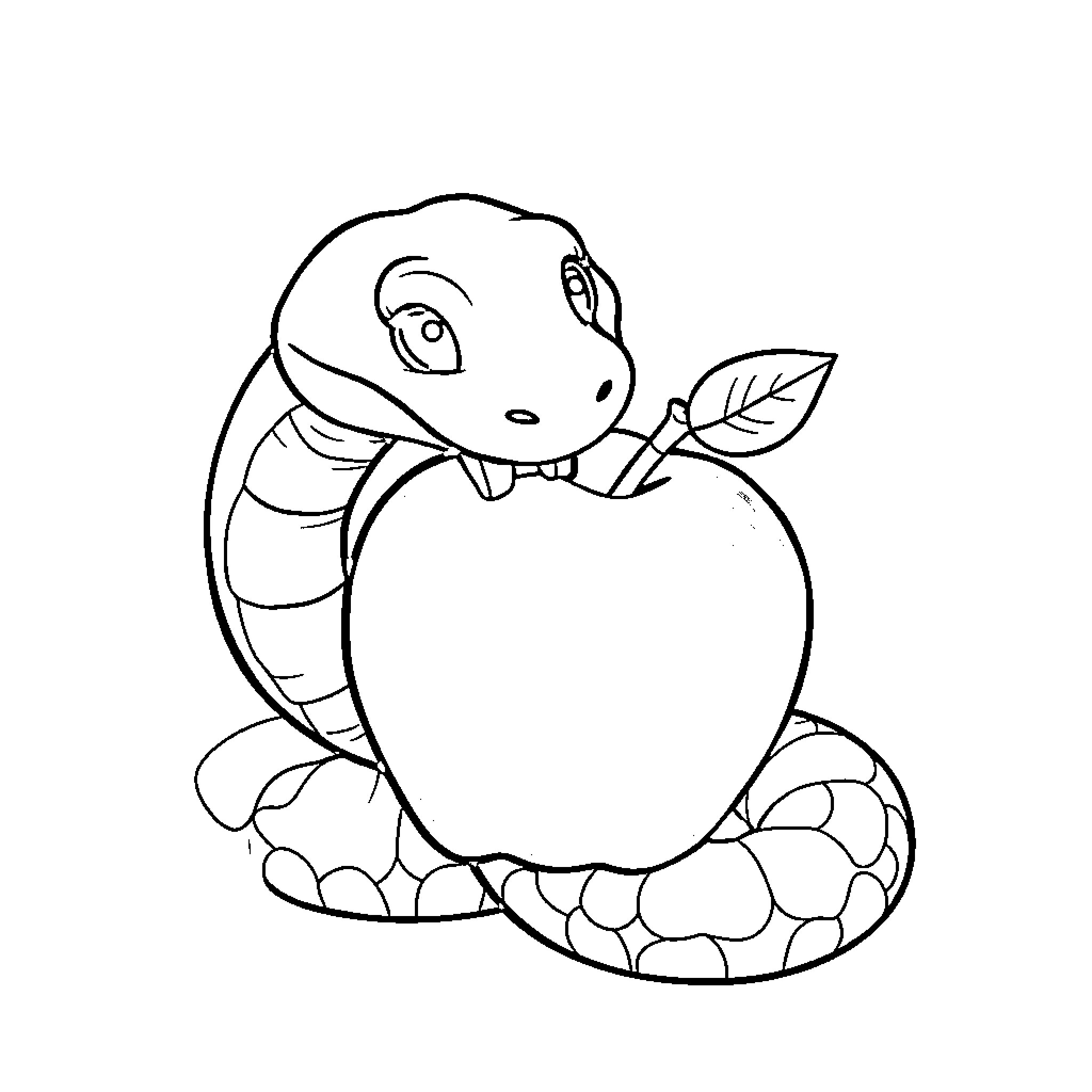 Snake curiously examines a large apple Coloring Page (free black-and-white line drawing printable PDF for all, from beginners to advanced learners, including children, teens, adults, and seniors)