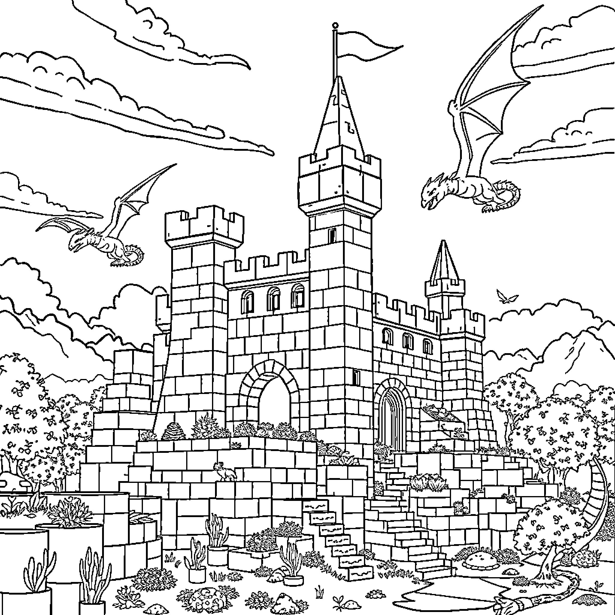 Minecraft Castle Surrounded by Mythical Creatures Coloring Page (free black-and-white line drawing printable PDF for all, from beginners to advanced learners, including children, teens, adults, and seniors)
