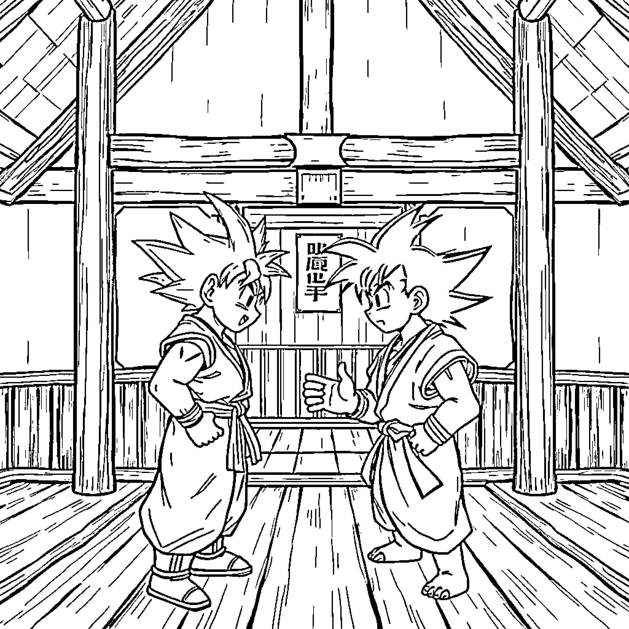 Gouku: Two warriors engaging in a martial arts duel Coloring Page (free black-and-white line drawing printable PDF for all, from beginners to advanced learners, including children, teens, adults, and seniors)