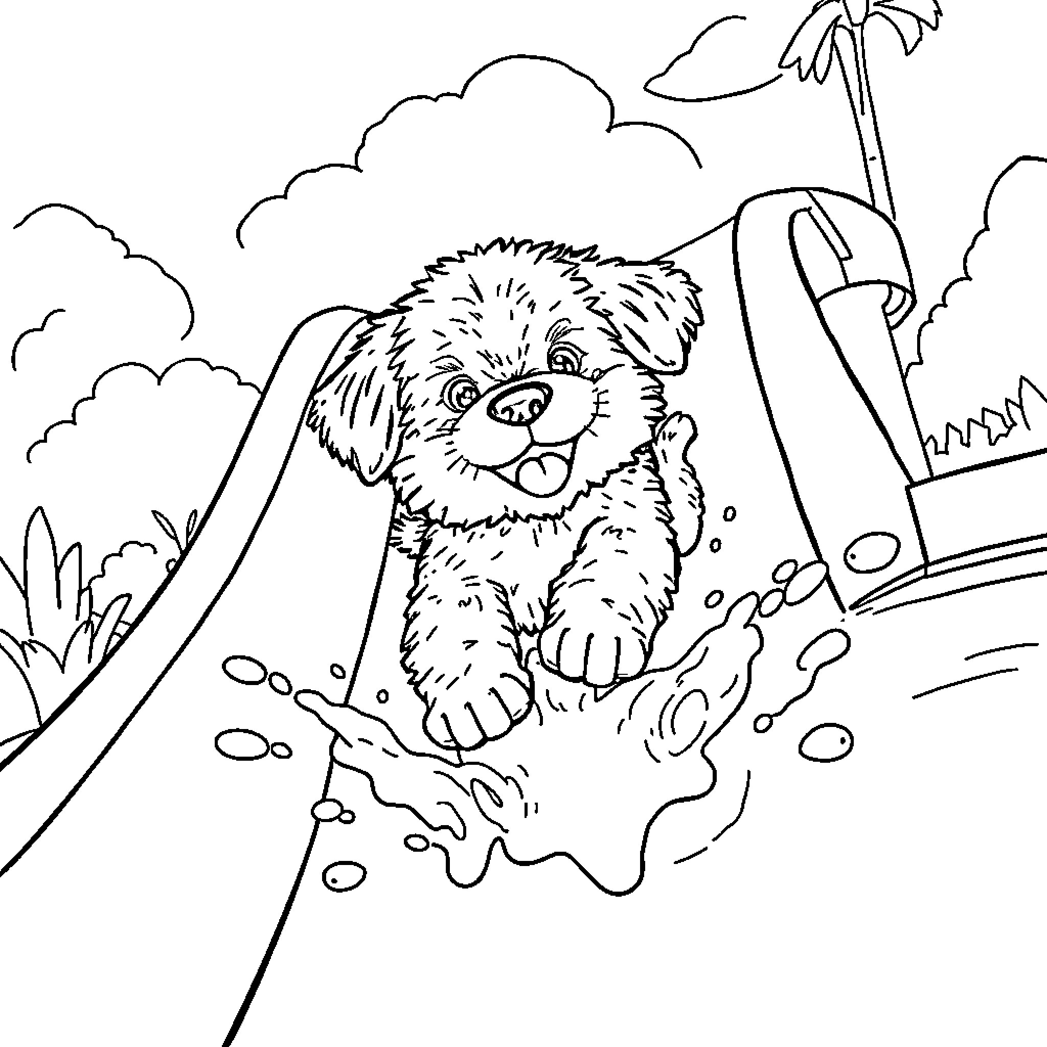 Puppy playing in the rain under a palm tree Coloring Page (free black-and-white line drawing printable PDF for all, from beginners to advanced learners, including children, teens, adults, and seniors)