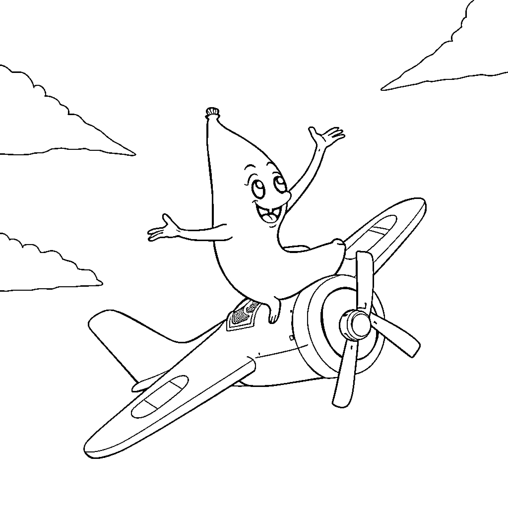 Peely's Aerial Adventure on a Propeller Plane Coloring Page (free black-and-white line drawing printable PDF for all, from beginners to advanced learners, including children, teens, adults, and seniors)