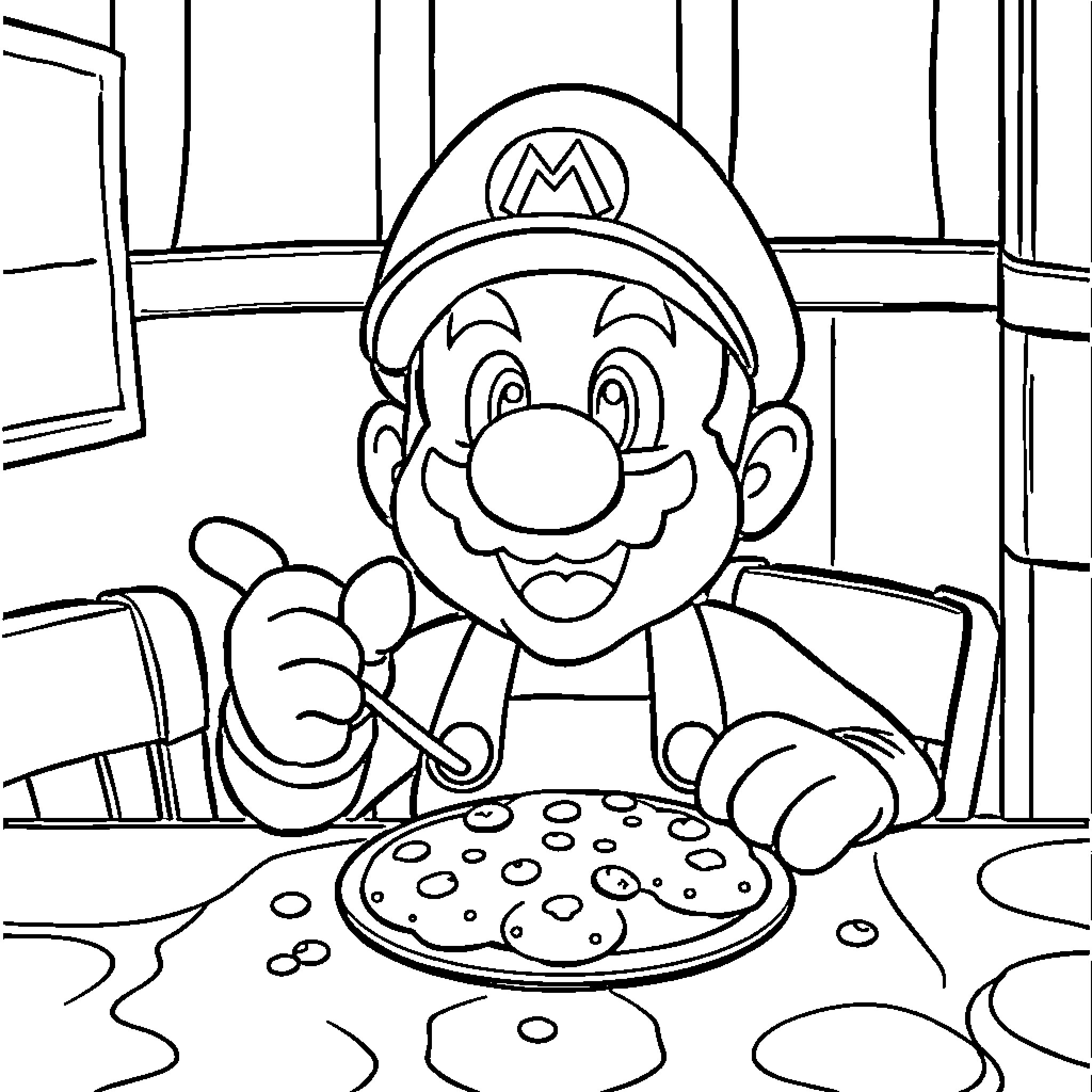 Super Mario Enjoying a Meal at Home Coloring Page (free black-and-white line drawing printable PDF for all, from beginners to advanced learners, including children, teens, adults, and seniors)