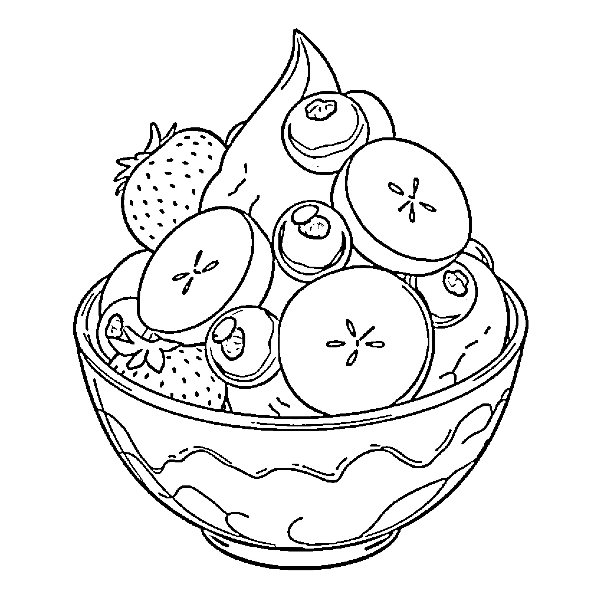 Ice Cream Bowl of Assorted Fruit Slices Coloring Page (free black-and-white line drawing printable PDF for all, from beginners to advanced learners, including children, teens, adults, and seniors)