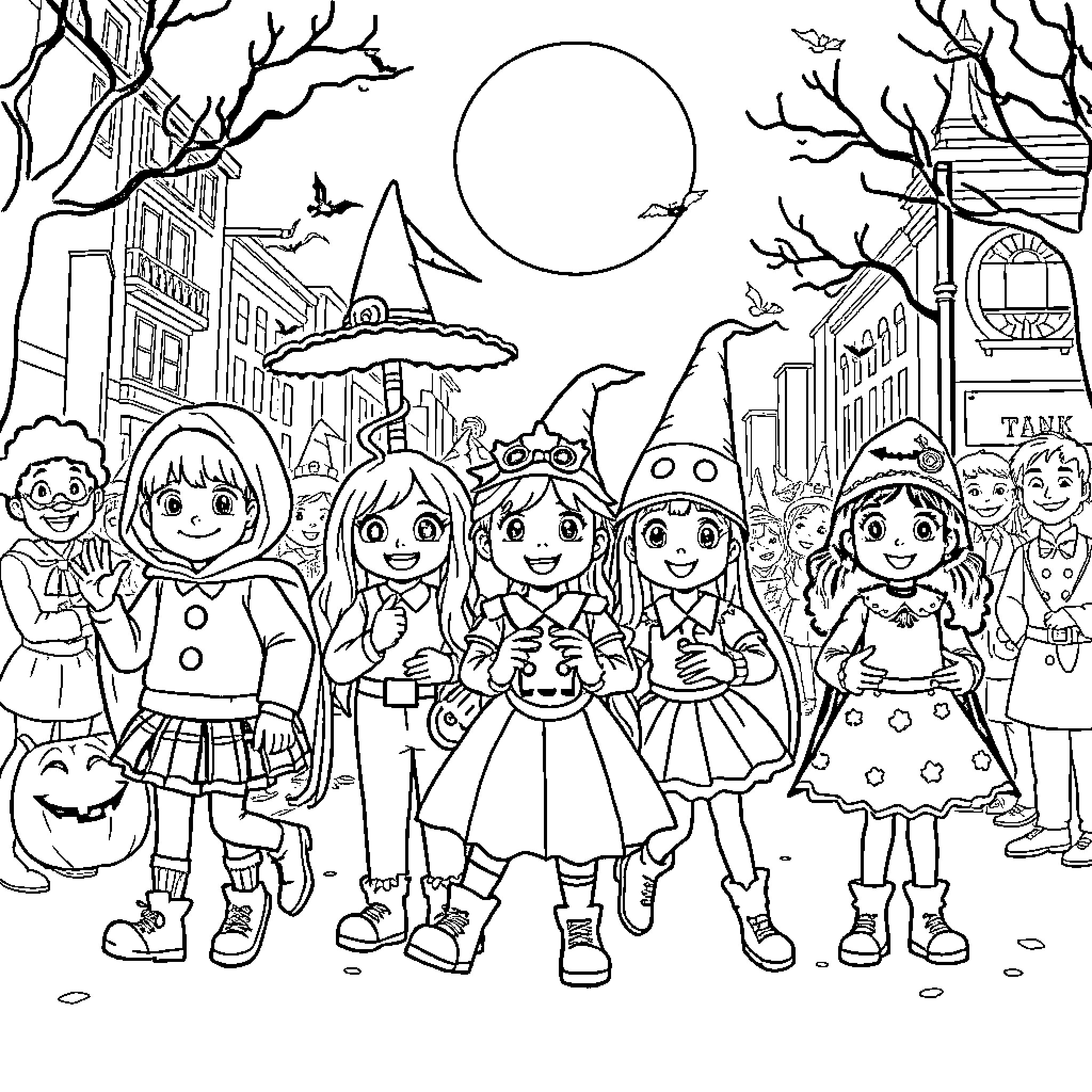 Halloween Costume Party in Haunted Town Coloring Page (free black-and-white line drawing printable PDF for all, from beginners to advanced learners, including children, teens, adults, and seniors)