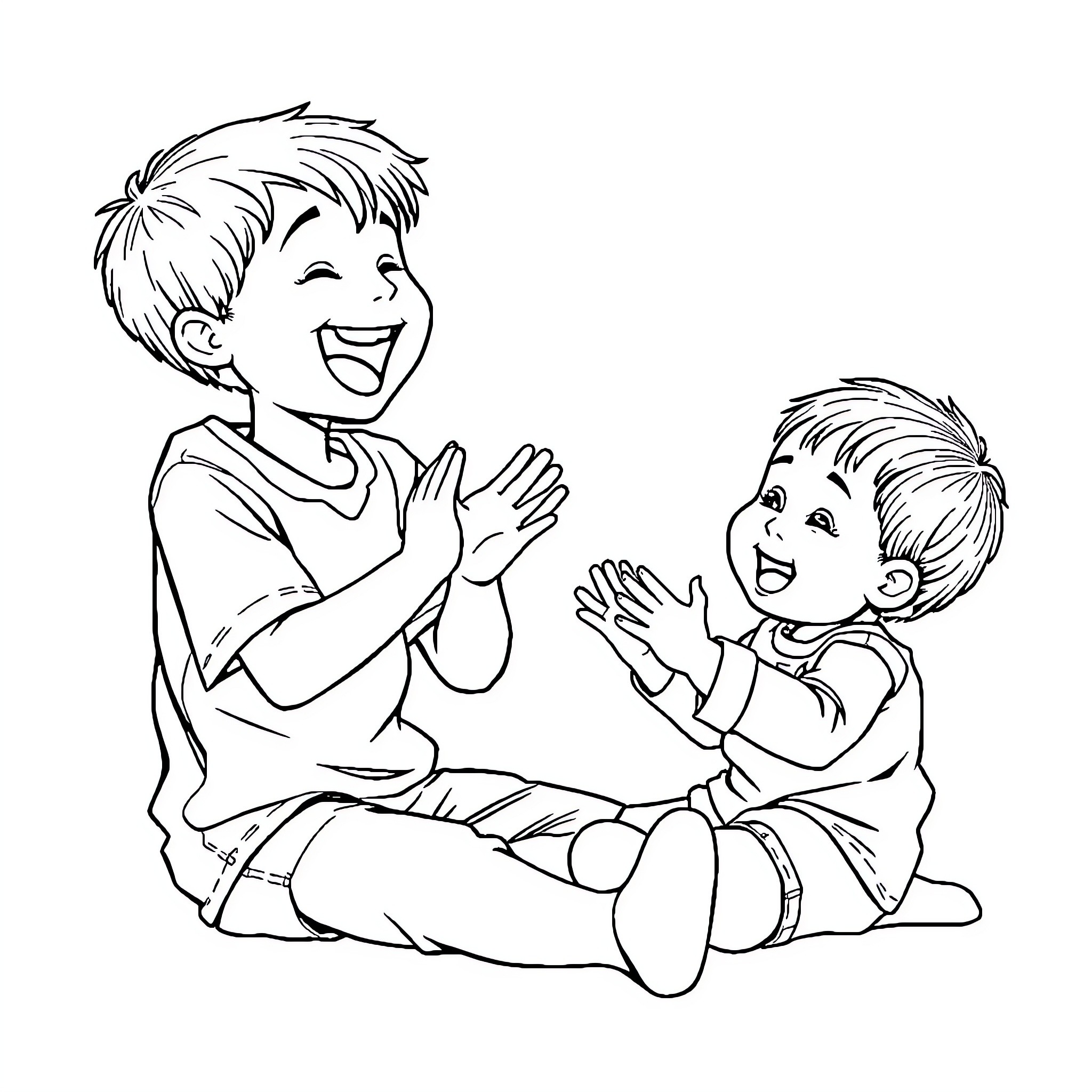 Boy playing happily with his friend Coloring Page (free black-and-white line drawing printable PDF for all, from beginners to advanced learners, including children, teens, adults, and seniors)