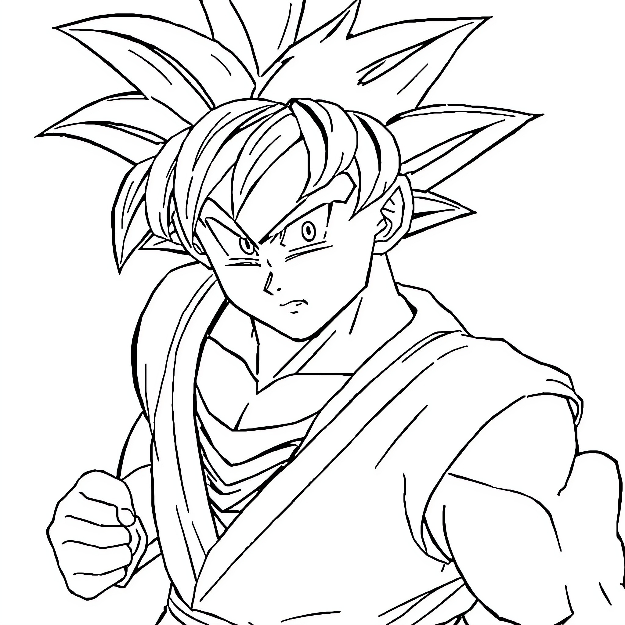 Goku in an intense battle stance Coloring Page (free black-and-white line drawing printable PDF for all, from beginners to advanced learners, including children, teens, adults, and seniors)