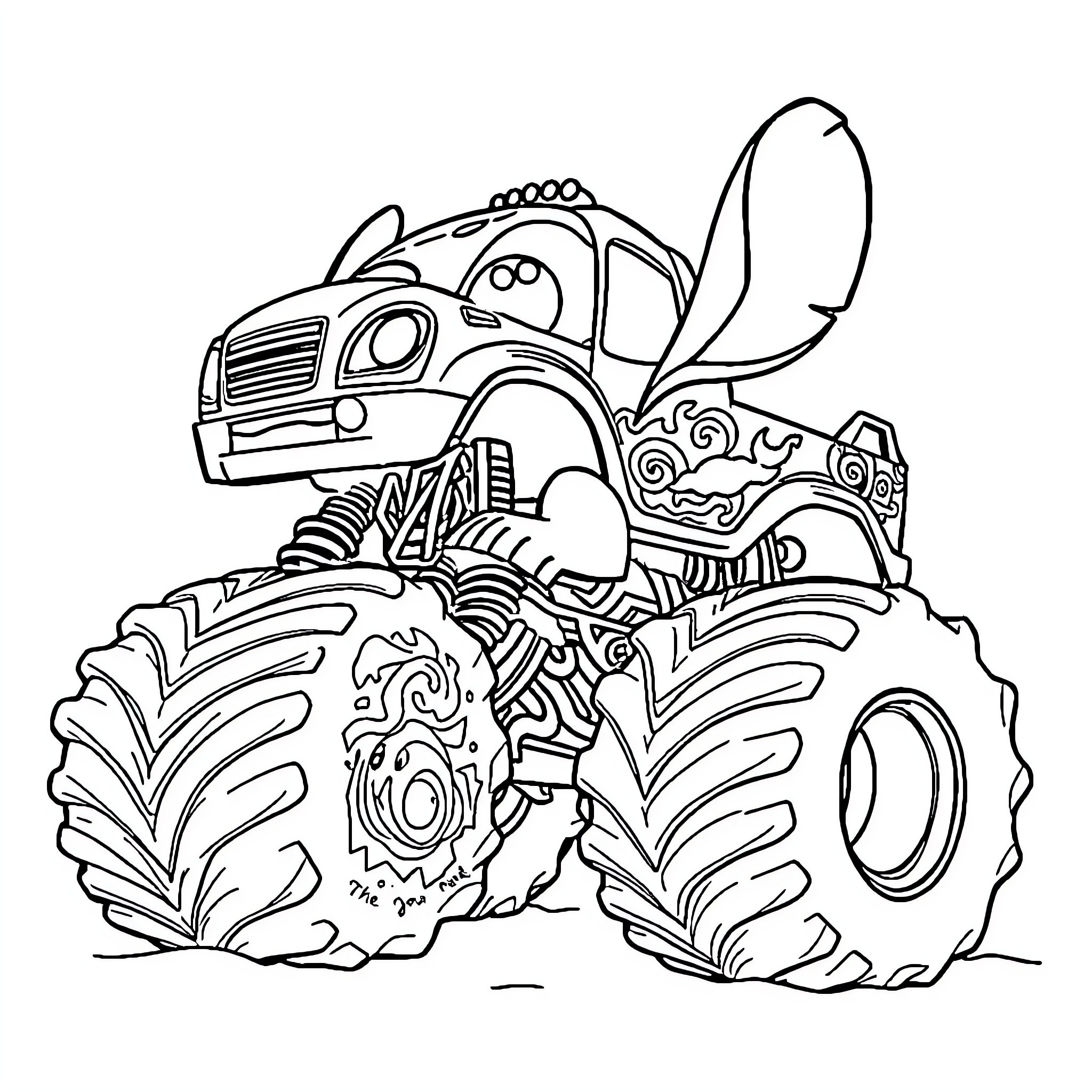 Monster Truck Crushing Rocks and Dirt Coloring Page (free black-and-white line drawing printable PDF for all, from beginners to advanced learners, including children, teens, adults, and seniors)