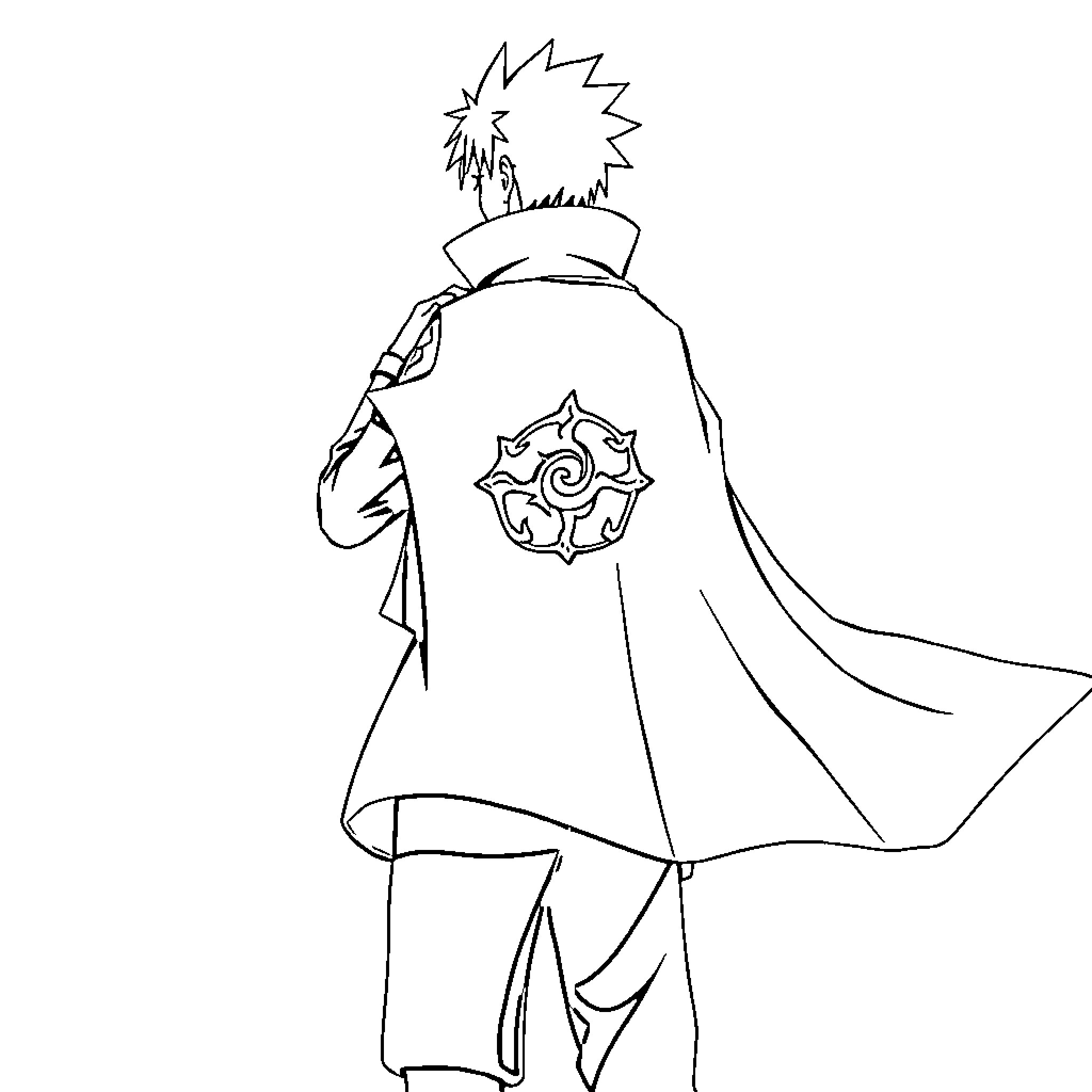 Minato's Mysterious Attire and Emblem Coloring Page (free black-and-white line drawing printable PDF for all, from beginners to advanced learners, including children, teens, adults, and seniors)