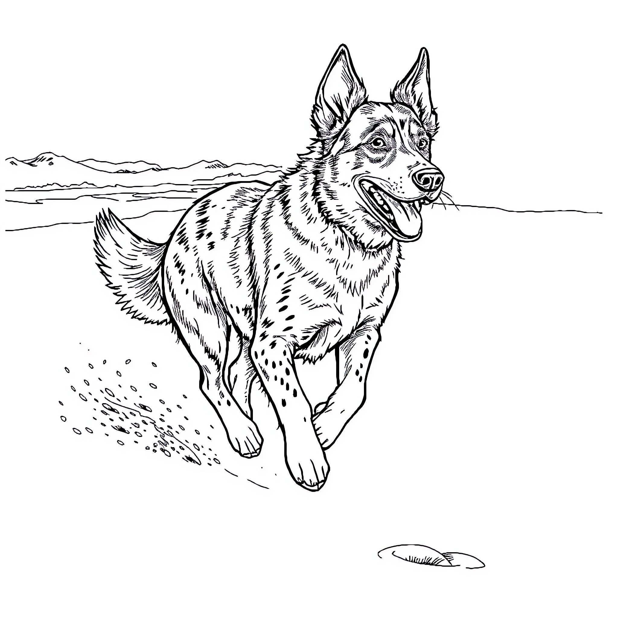 Blue Heeler Running Happily in the Field Coloring Page (free black-and-white line drawing printable PDF for all, from beginners to advanced learners, including children, teens, adults, and seniors)
