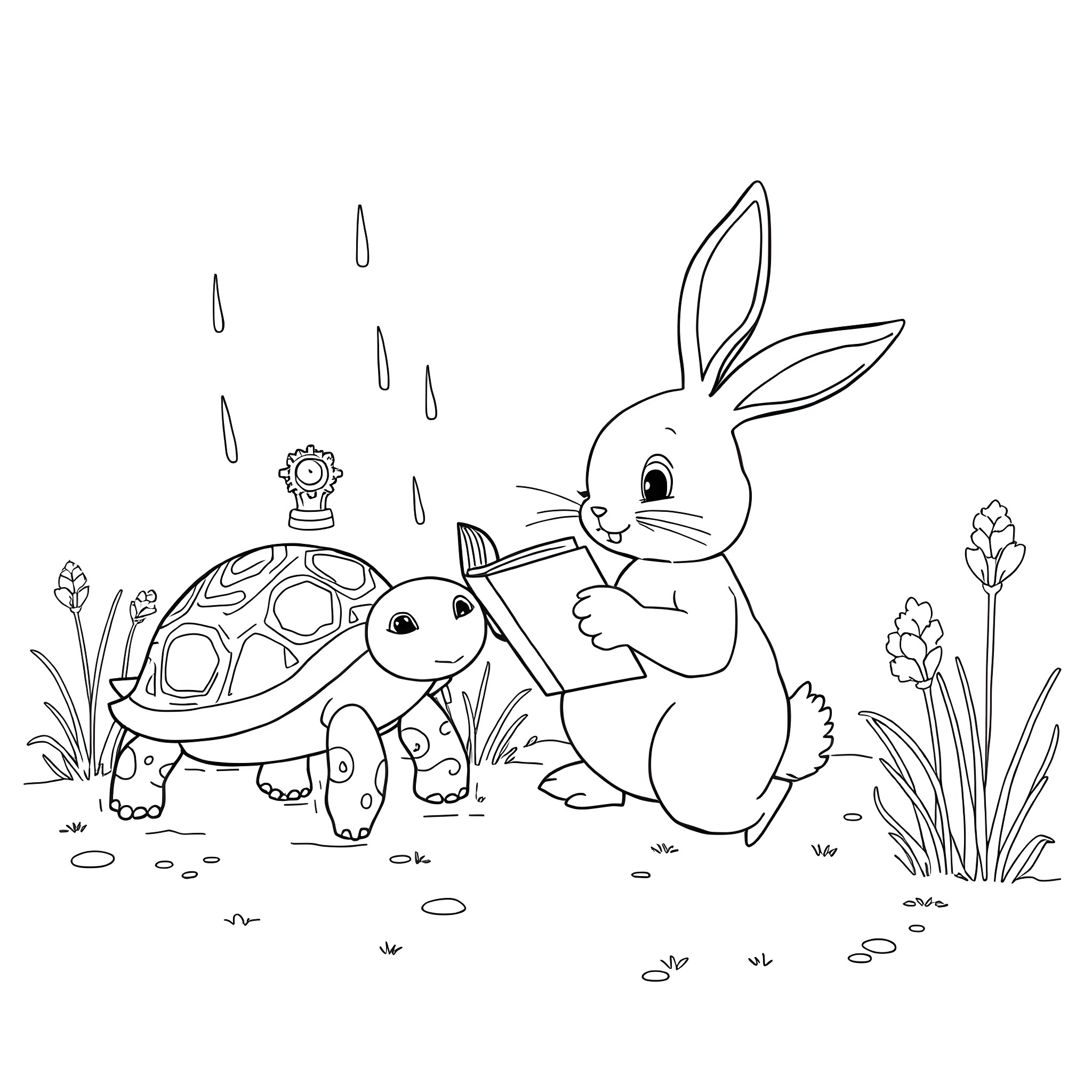 Rabbit helping a turtle in the rain Coloring Page (free black-and-white line drawing printable PDF for all, from beginners to advanced learners, including children, teens, adults, and seniors)