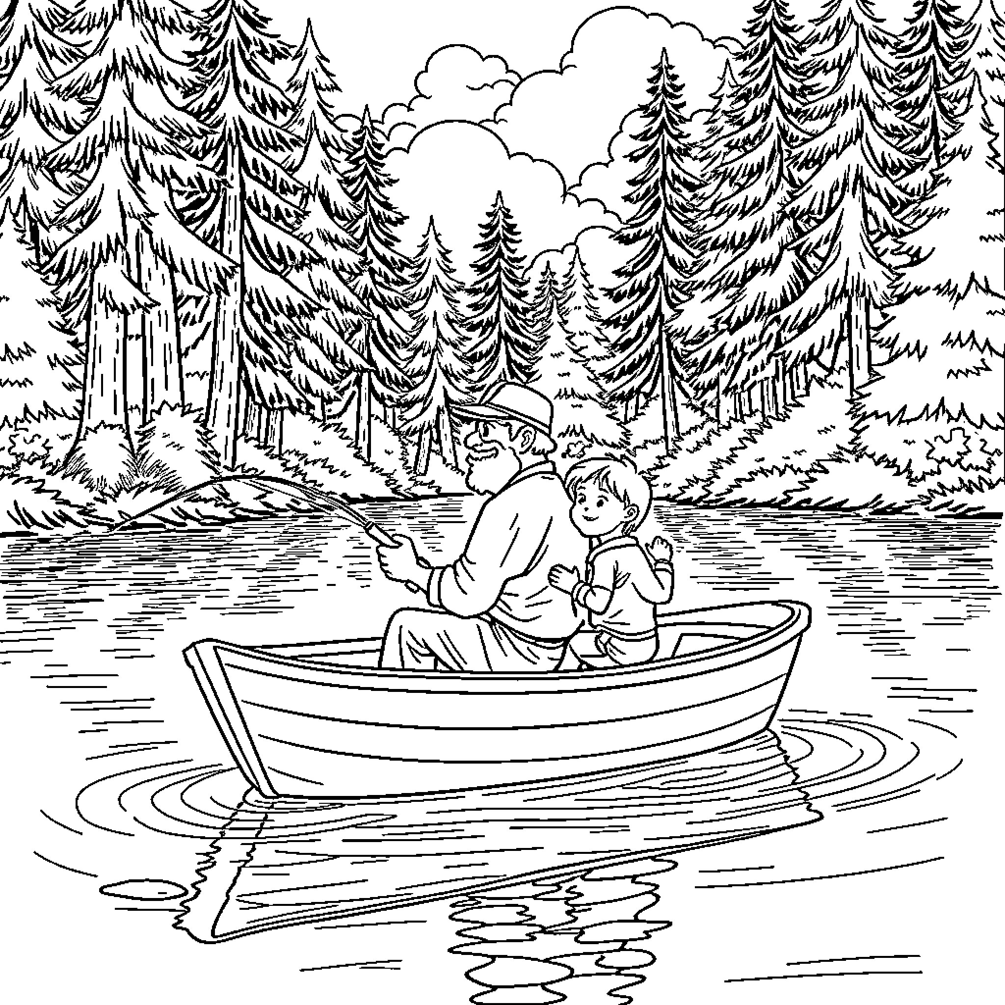 Grandpa bonding with child in boat on tranquil lake Coloring Page (free black-and-white line drawing printable PDF for all, from beginners to advanced learners, including children, teens, adults, and seniors)