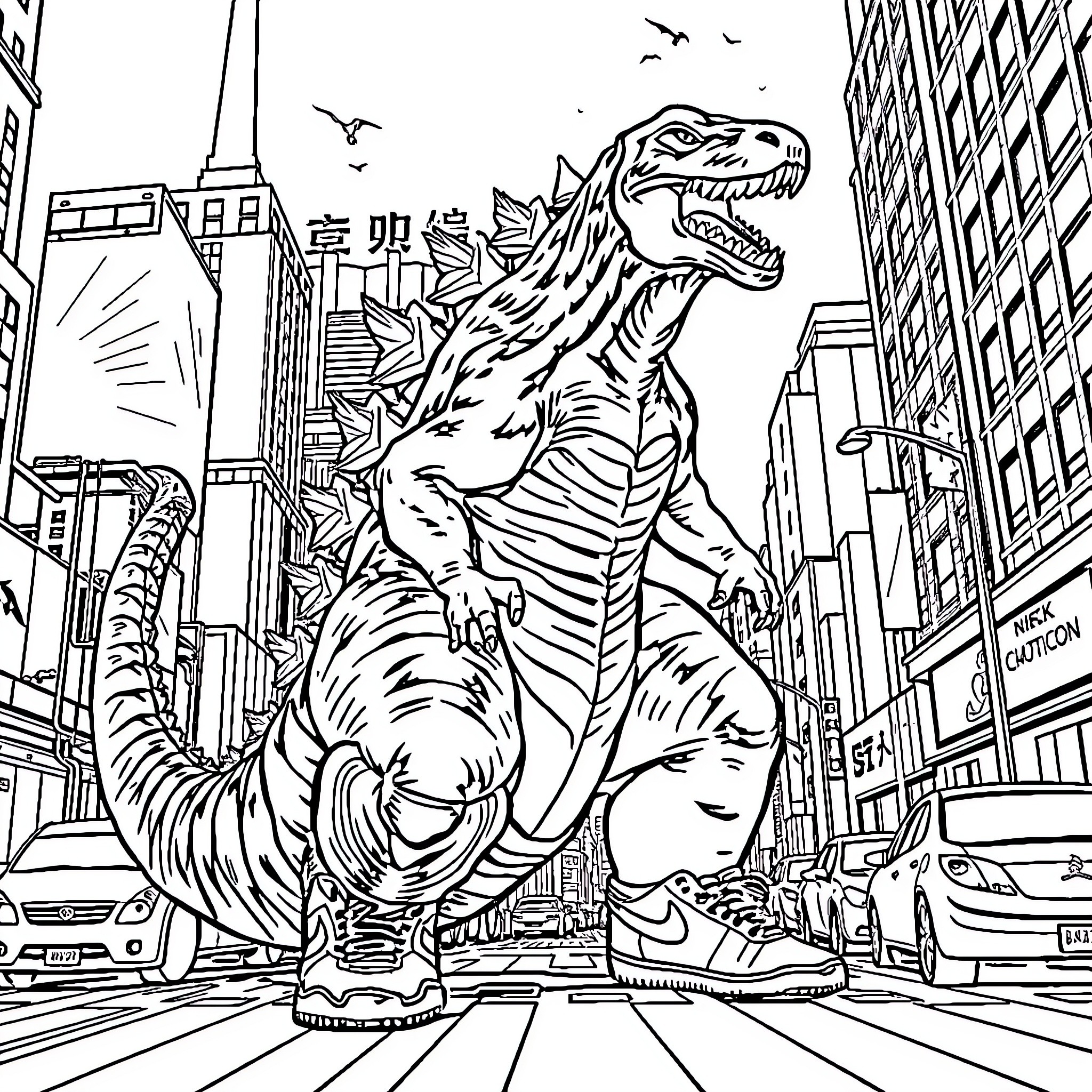 Godzilla rampaging through the city streets Coloring Page (free black-and-white line drawing printable PDF for all, from beginners to advanced learners, including children, teens, adults, and seniors)