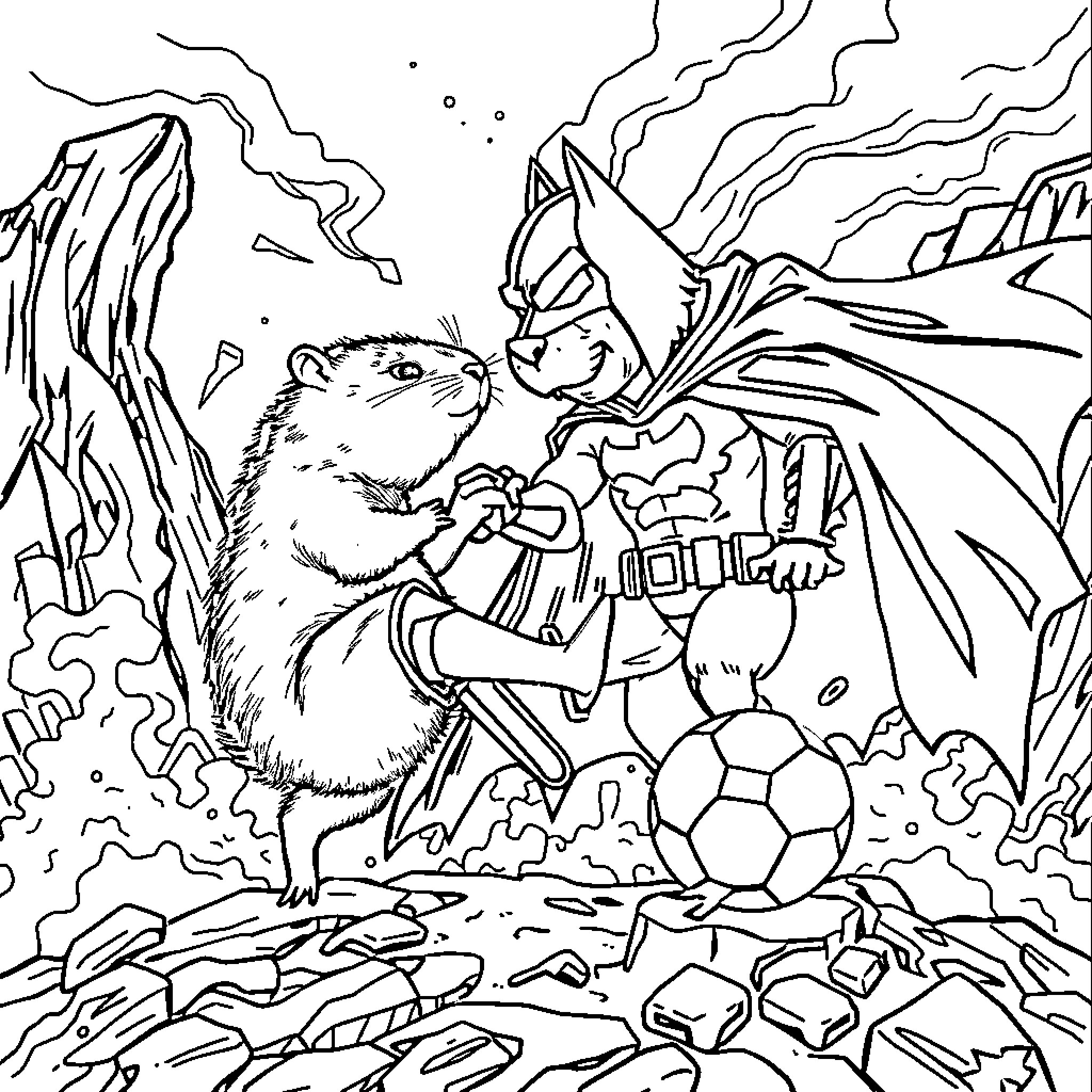 Capybara and Superhero Adventuring Together Coloring Page (free black-and-white line drawing printable PDF for all, from beginners to advanced learners, including children, teens, adults, and seniors)