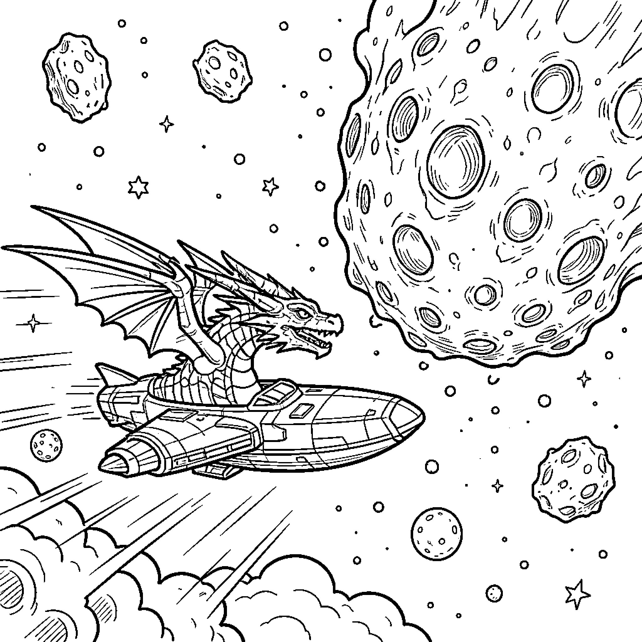 Dragon Spaceship flying through a field of asteroids Coloring Page (free black-and-white line drawing printable PDF for all, from beginners to advanced learners, including children, teens, adults, and seniors)