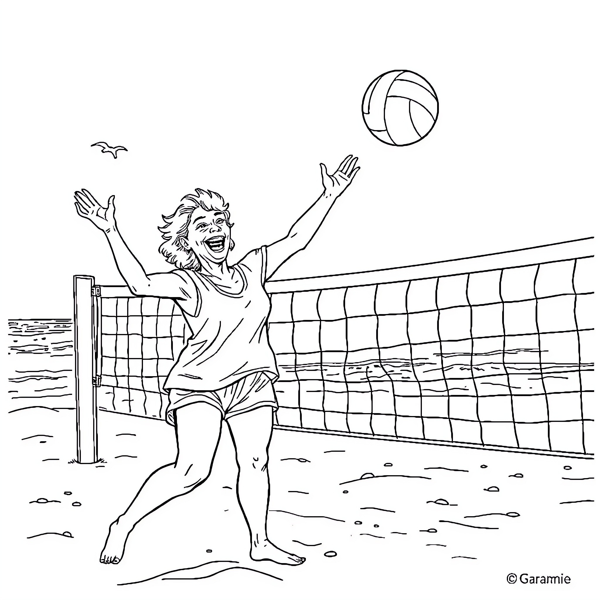 Grammie plays volleyball with excitement at the beach Coloring Page (free black-and-white line drawing printable PDF for all, from beginners to advanced learners, including children, teens, adults, and seniors)