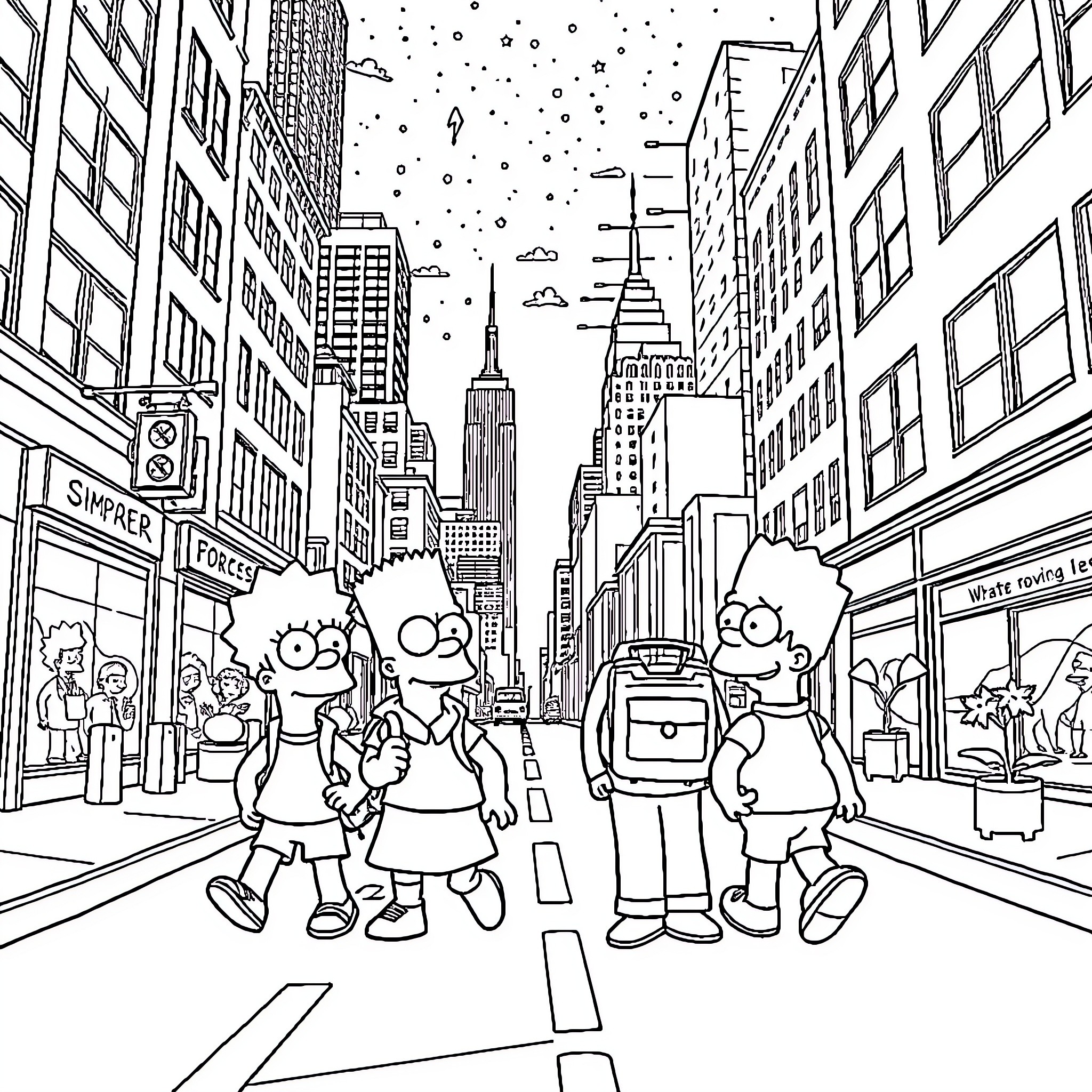 The Simpsons' Cartoon Adventure in New York City Coloring Page (free black-and-white line drawing printable PDF for all, from beginners to advanced learners, including children, teens, adults, and seniors)