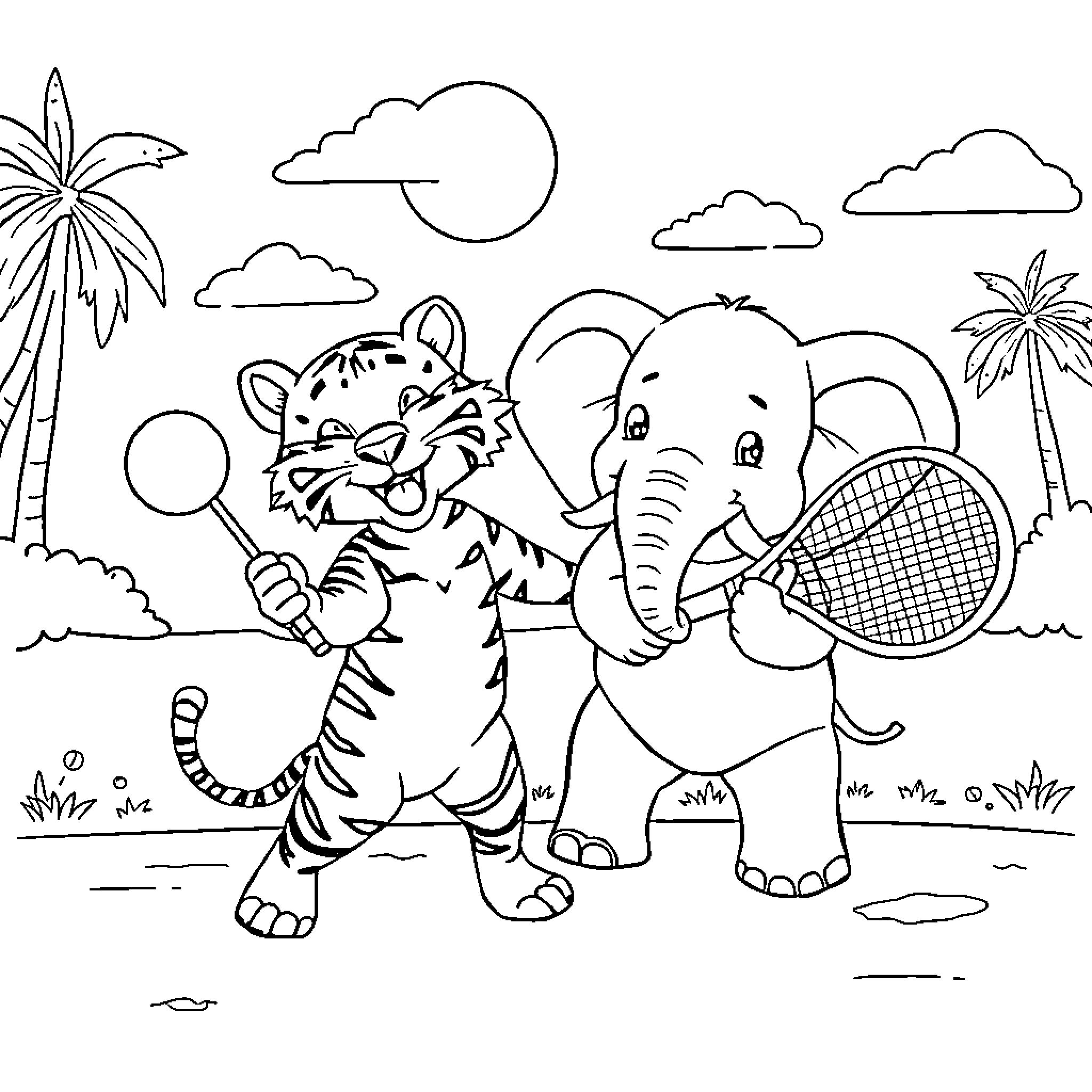 Tiger and elephant playing tennis on tropical beach Coloring Page (free black-and-white line drawing printable PDF for all, from beginners to advanced learners, including children, teens, adults, and seniors)