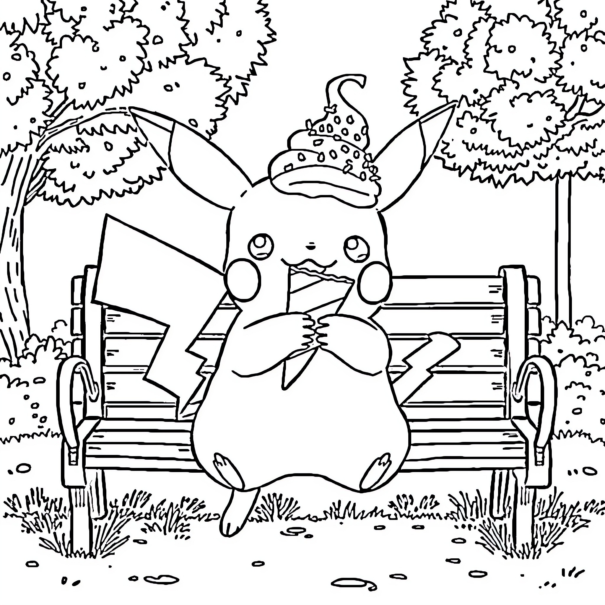 Pikachu relaxing on a bench in a forest Coloring Page (free black-and-white line drawing printable PDF for all, from beginners to advanced learners, including children, teens, adults, and seniors)