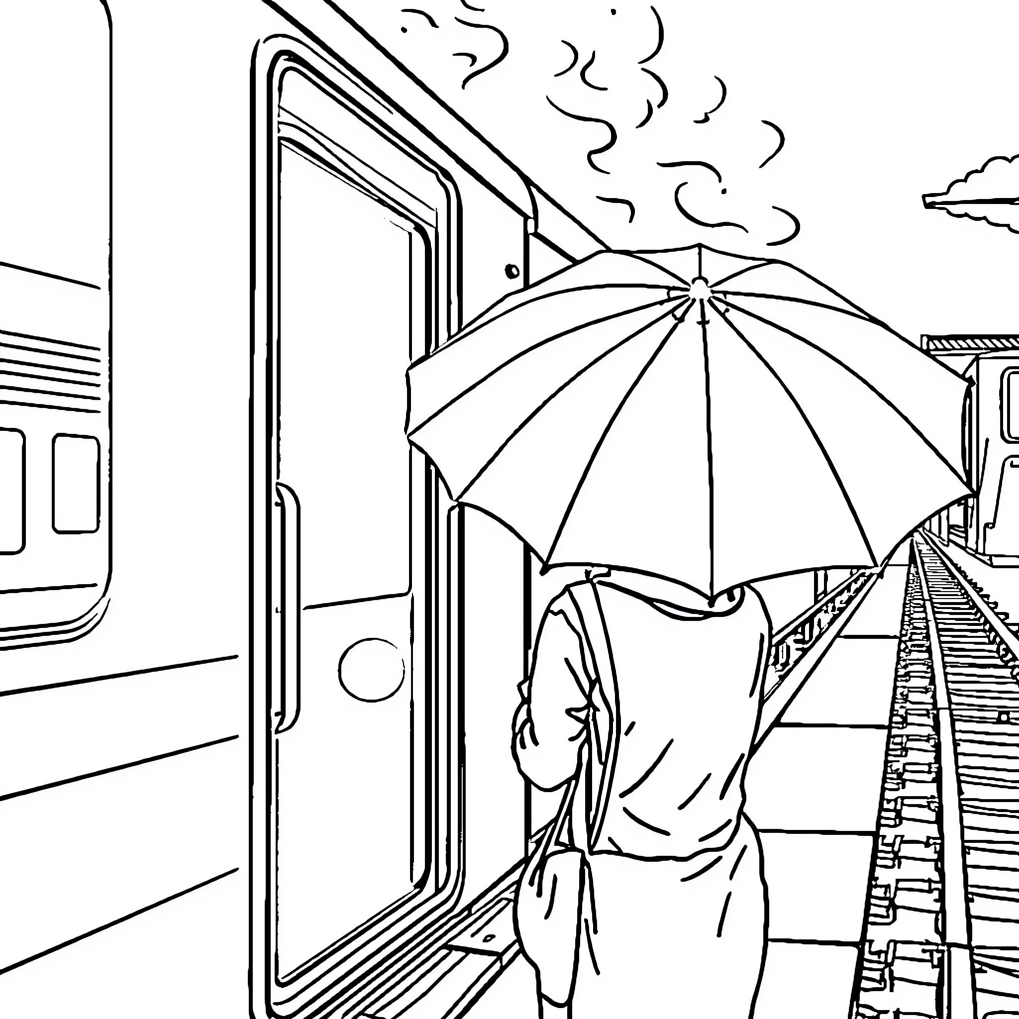 Train Station Scene with Person and Umbrella Coloring Page (free black-and-white line drawing printable PDF for all, from beginners to advanced learners, including children, teens, adults, and seniors)