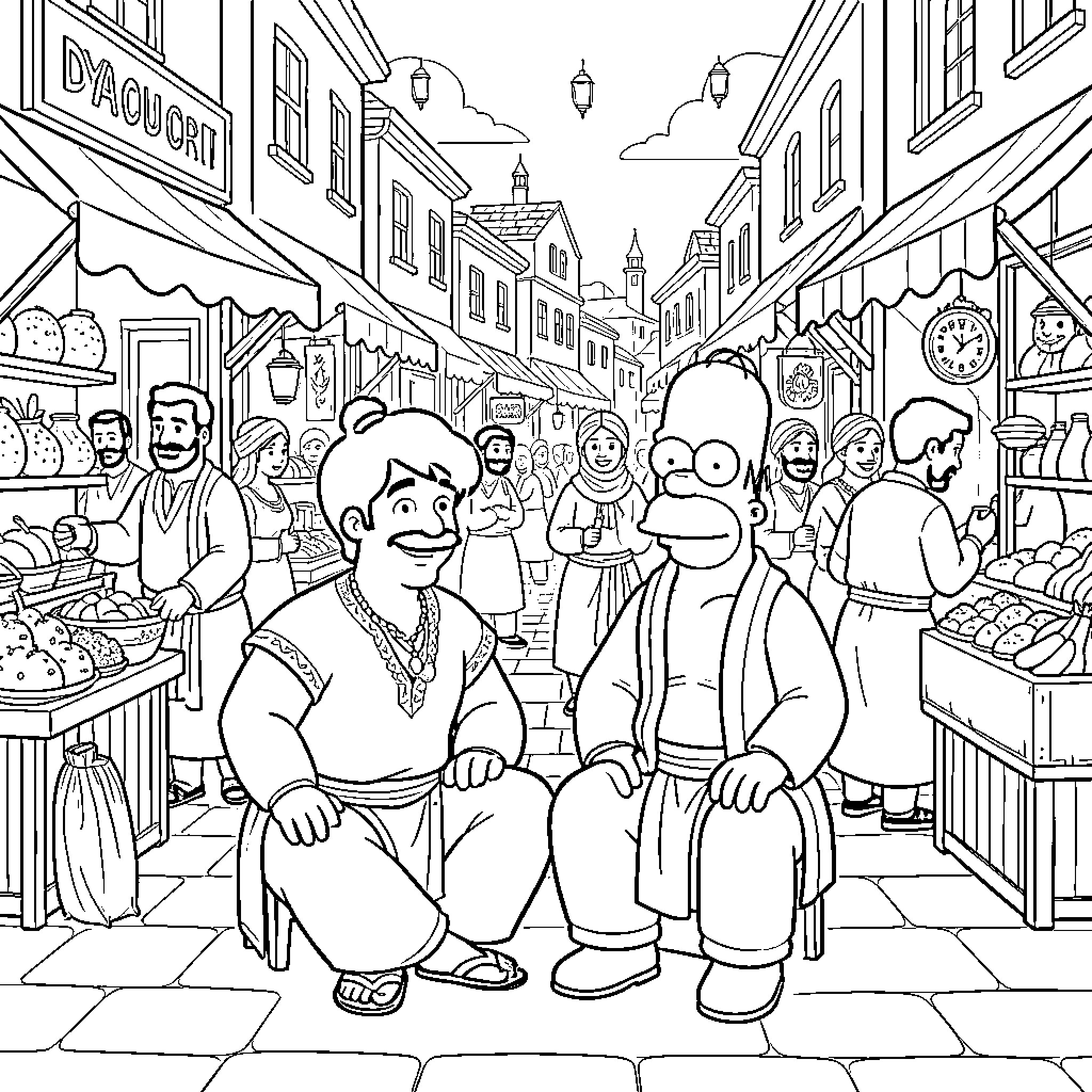 Aladin and Homer Simpson sitting in a busy marketplace Coloring Page (free black-and-white line drawing printable PDF for all, from beginners to advanced learners, including children, teens, adults, and seniors)