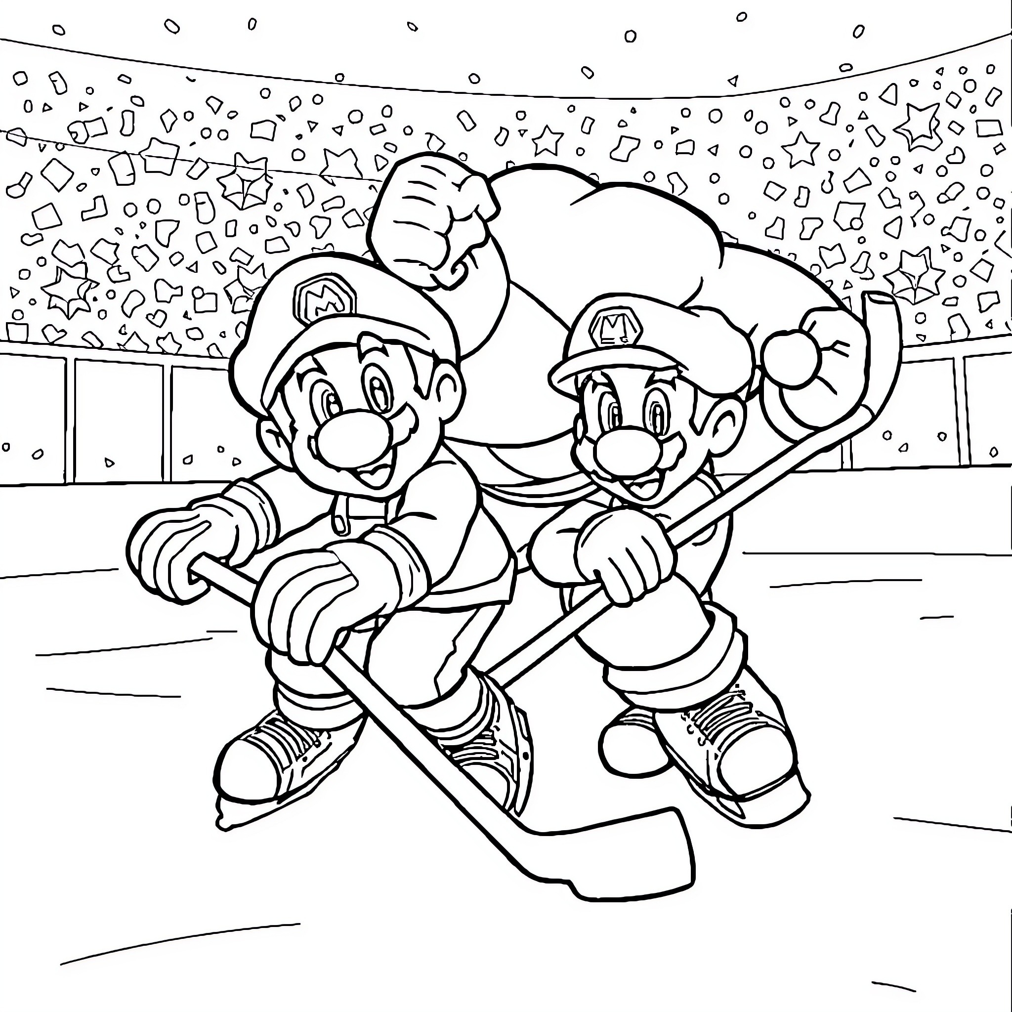 Mario and Luigi playing hockey on ice rink Coloring Page (free black-and-white line drawing printable PDF for all, from beginners to advanced learners, including children, teens, adults, and seniors)