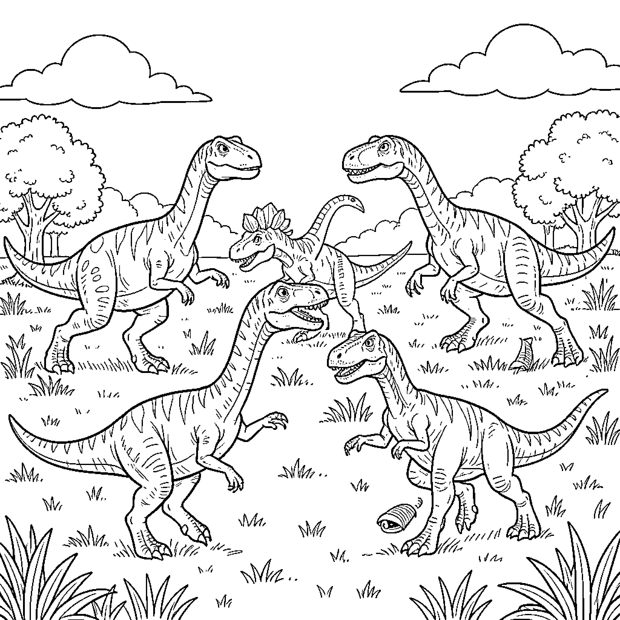 Dinosaur group walking through a prehistoric landscape Coloring Page (free black-and-white line drawing printable PDF for all, from beginners to advanced learners, including children, teens, adults, and seniors)