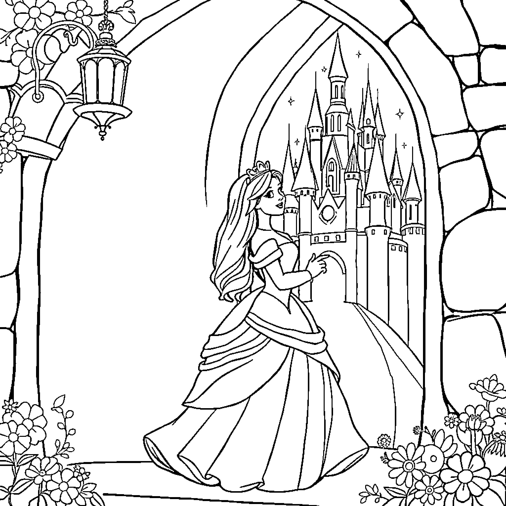 Disney Princess exploring the magical castle Coloring Page (free black-and-white line drawing printable PDF for all, from beginners to advanced learners, including children, teens, adults, and seniors)