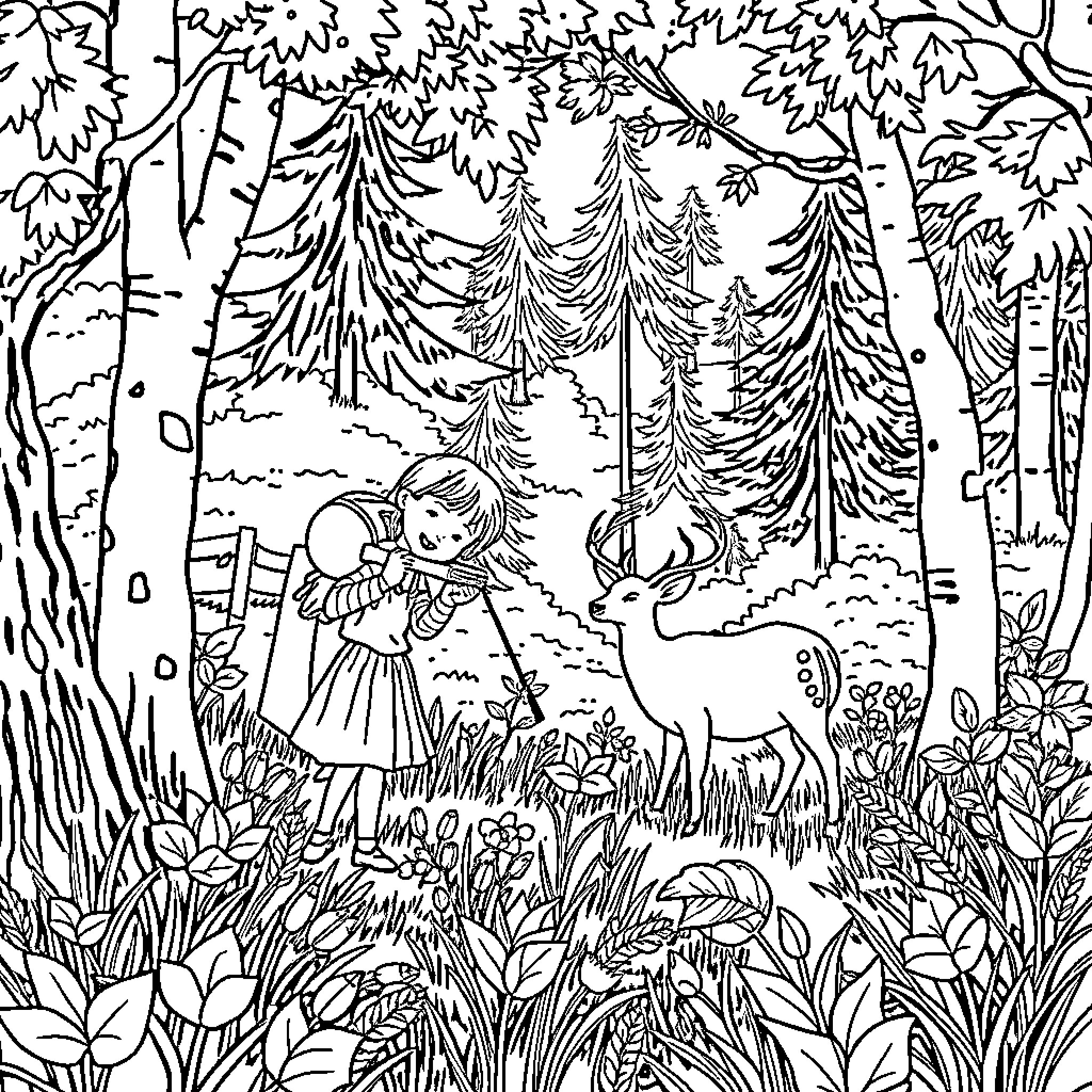 Girl exploring the enchanted forest with animals Coloring Page (free black-and-white line drawing printable PDF for all, from beginners to advanced learners, including children, teens, adults, and seniors)