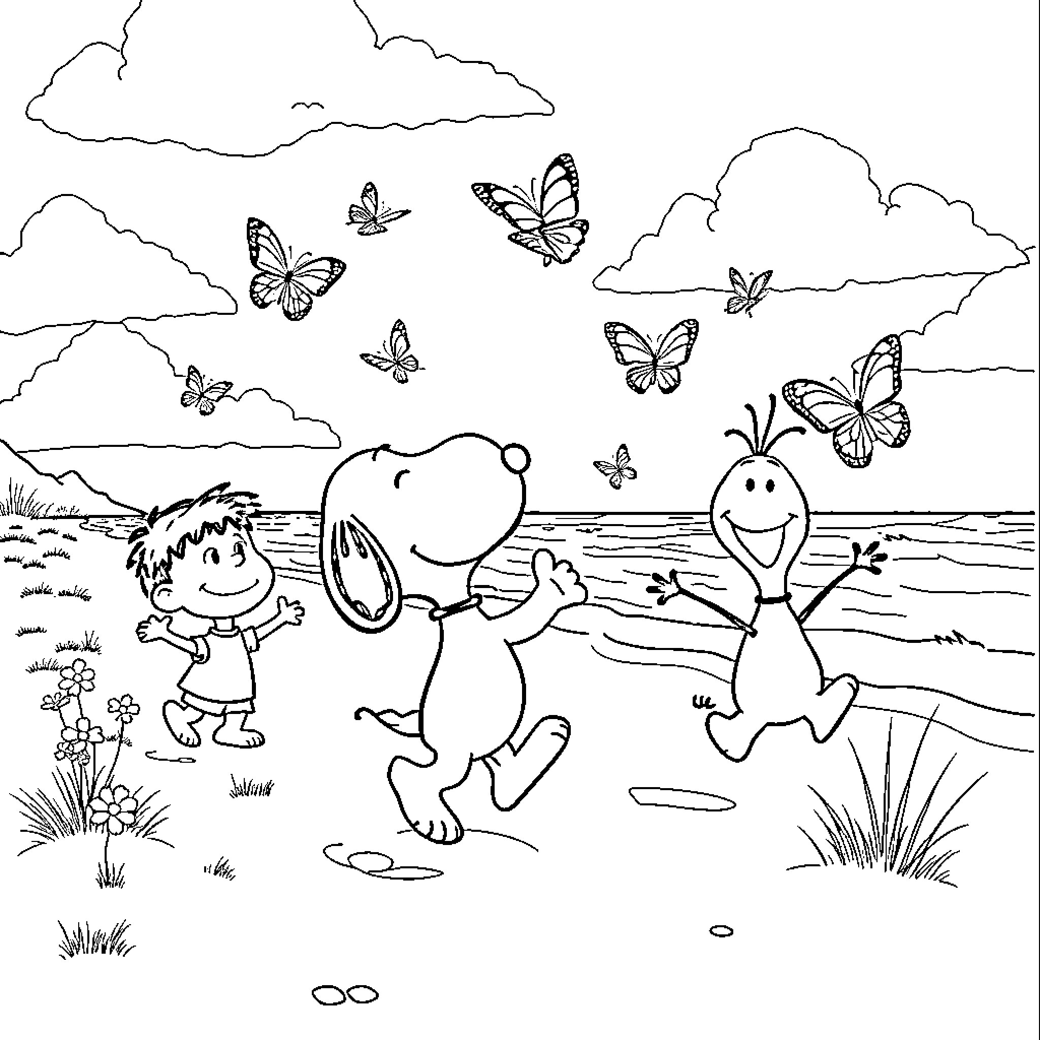 Snoopy and friends enjoying a summer day Coloring Page (free black-and-white line drawing printable PDF for all, from beginners to advanced learners, including children, teens, adults, and seniors)