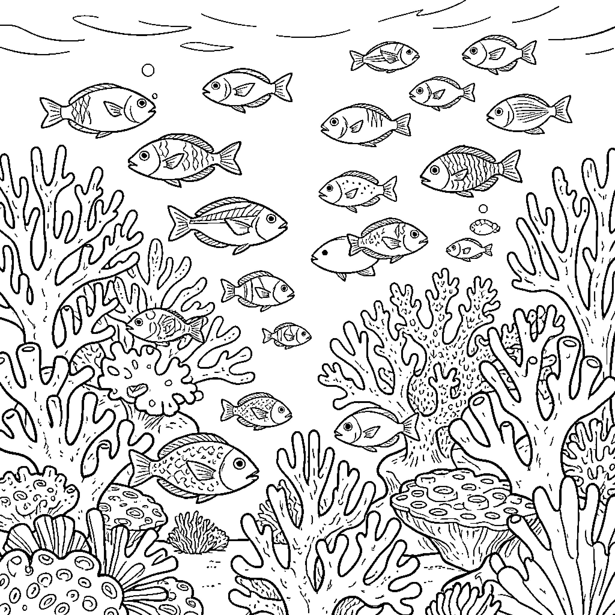 Coral Reef Underwater Exploration Coloring Page (free black-and-white line drawing printable PDF for all, from beginners to advanced learners, including children, teens, adults, and seniors)