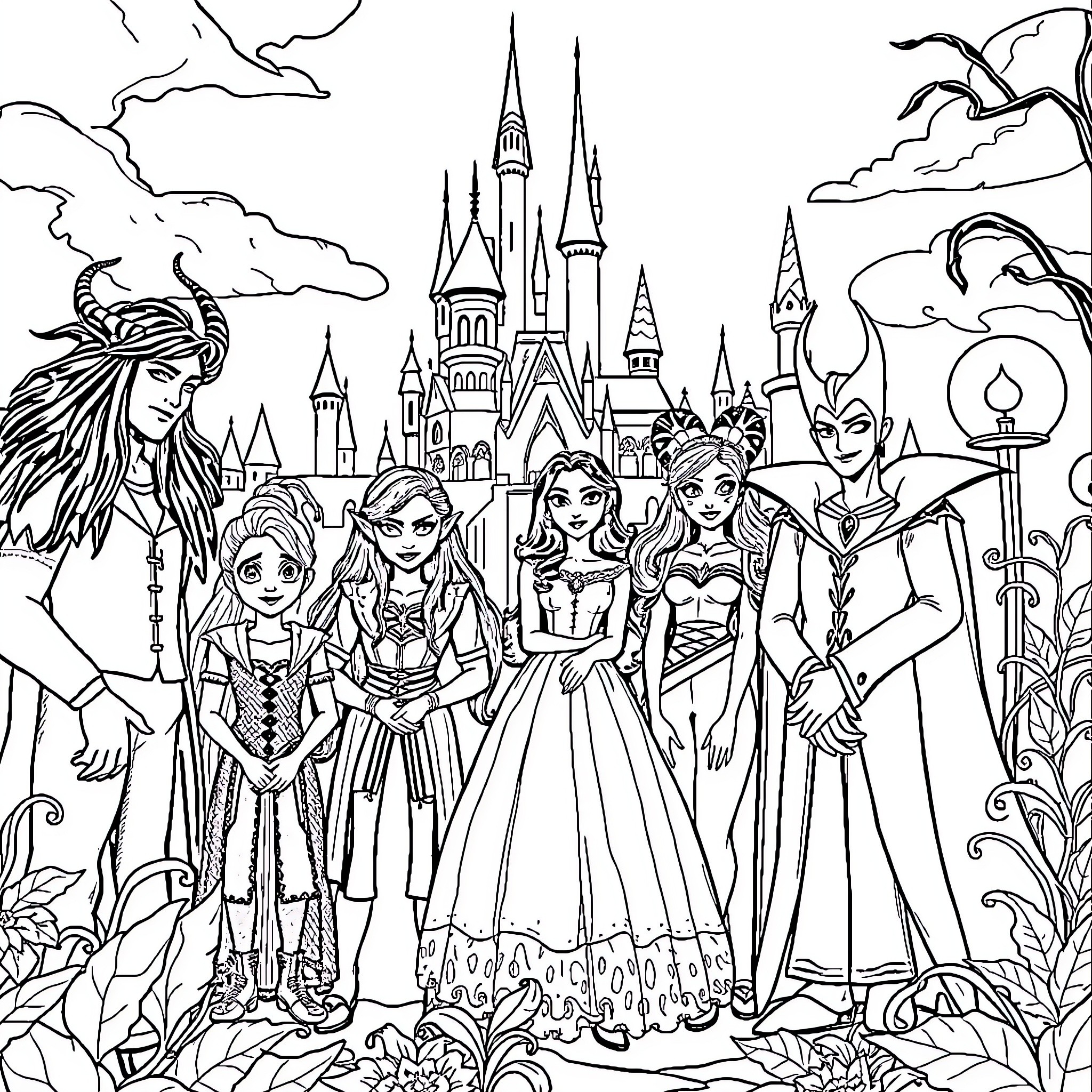 Descendant characters in fantasy castle setting Coloring Page (free black-and-white line drawing printable PDF for all, from beginners to advanced learners, including children, teens, adults, and seniors)