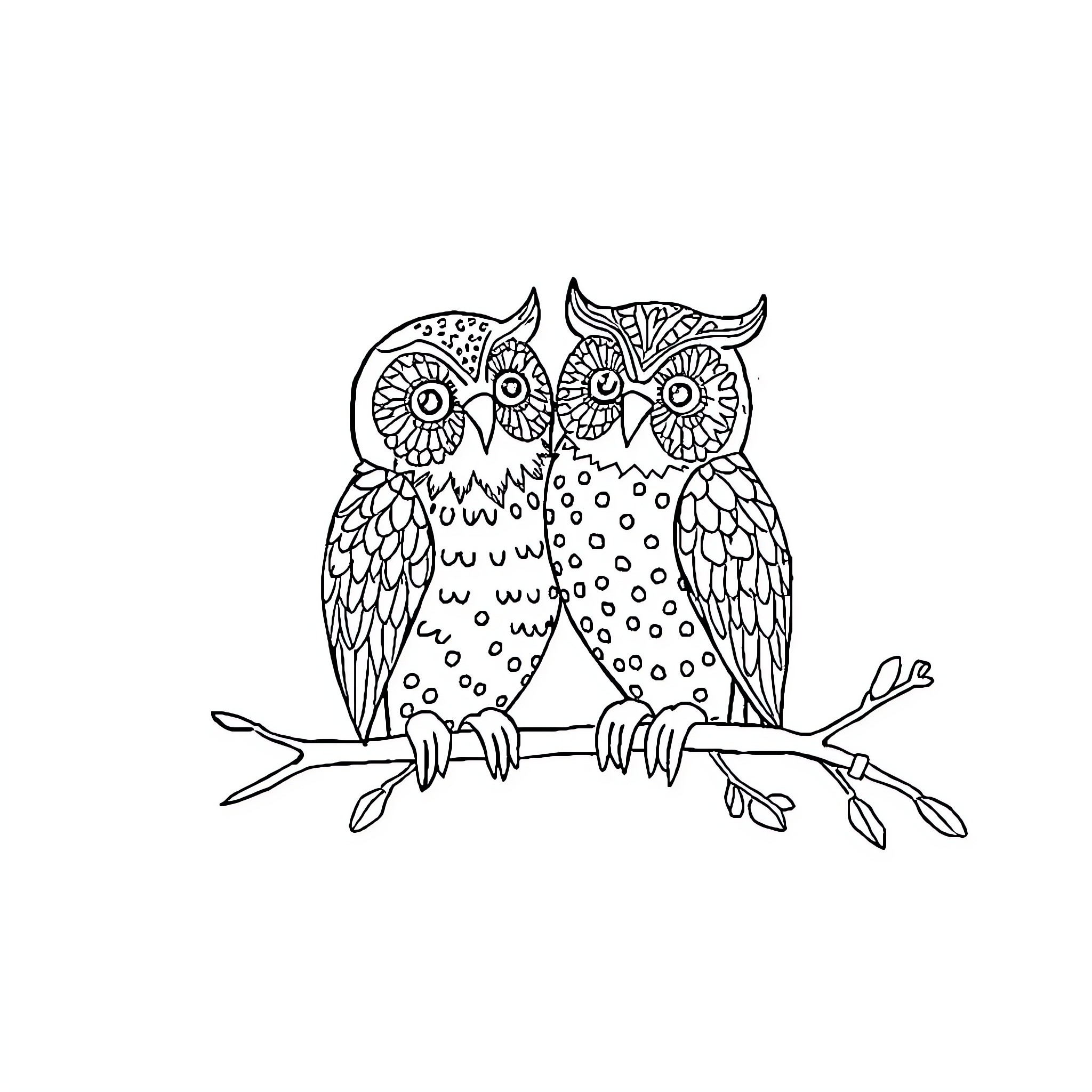 Nail-Patterned Owls Perched on Branch Coloring Page (free black-and-white line drawing printable PDF for all, from beginners to advanced learners, including children, teens, adults, and seniors)