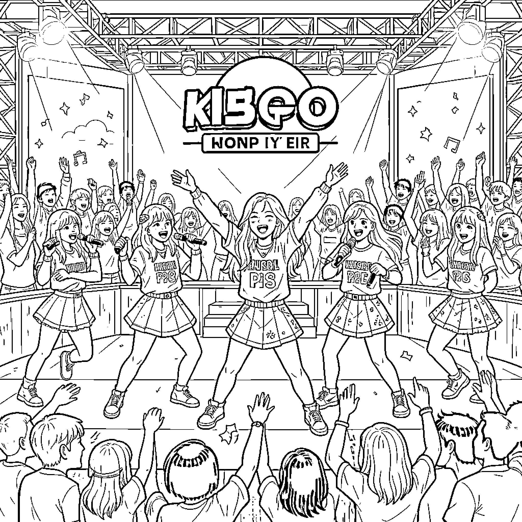 Kpop girl group performing energetically on a stage Coloring Page (free black-and-white line drawing printable PDF for all, from beginners to advanced learners, including children, teens, adults, and seniors)