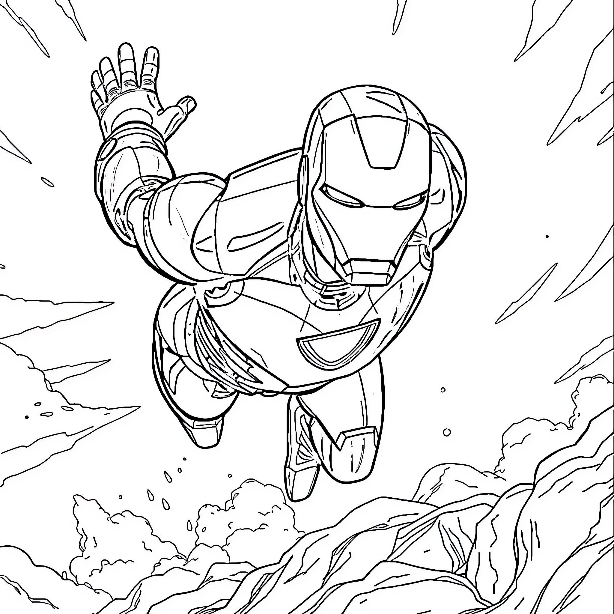 Ironman soaring heroically through the sky Coloring Page (free black-and-white line drawing printable PDF for all, from beginners to advanced learners, including children, teens, adults, and seniors)