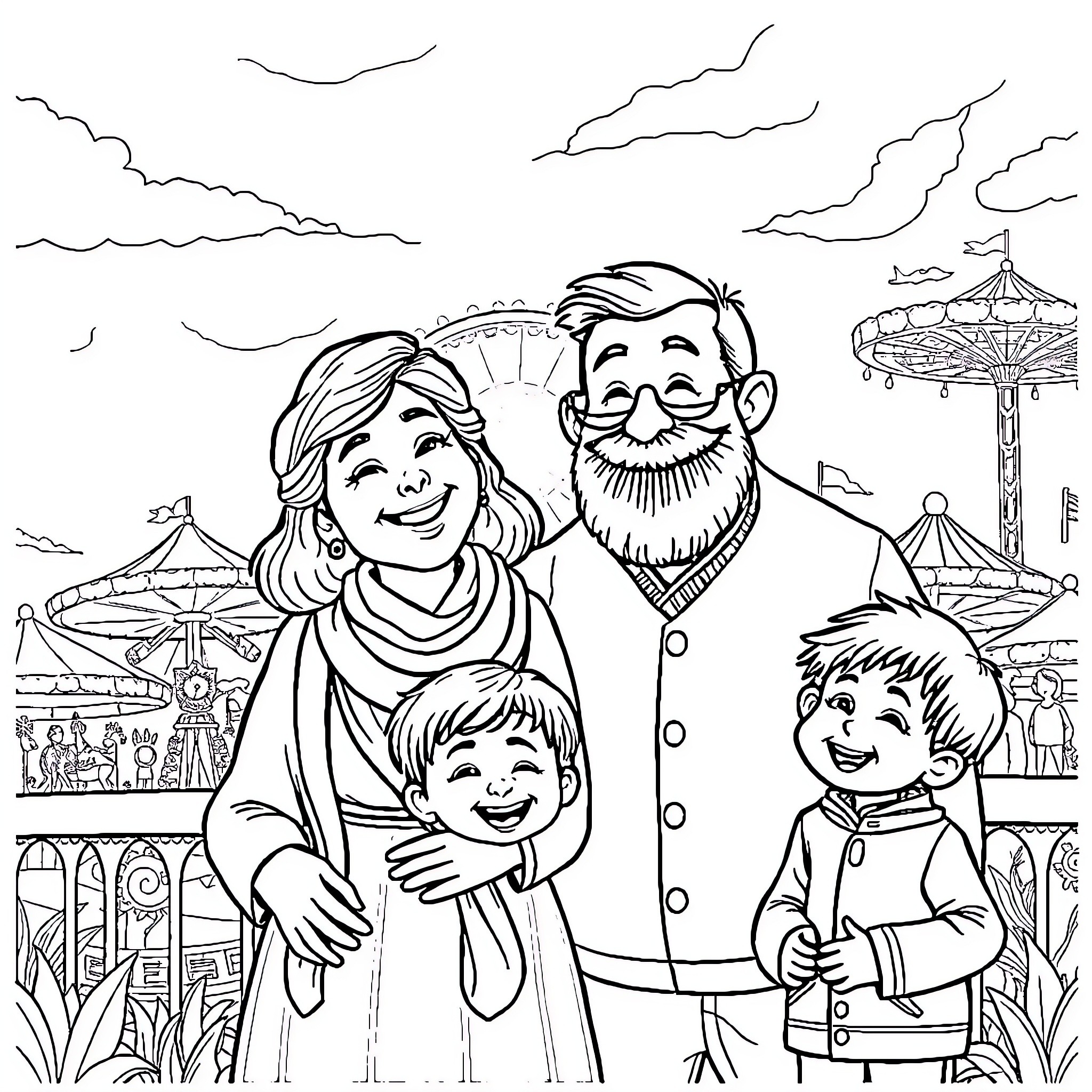 Family Outing at the Amusement Park Coloring Page (free black-and-white line drawing printable PDF for all, from beginners to advanced learners, including children, teens, adults, and seniors)