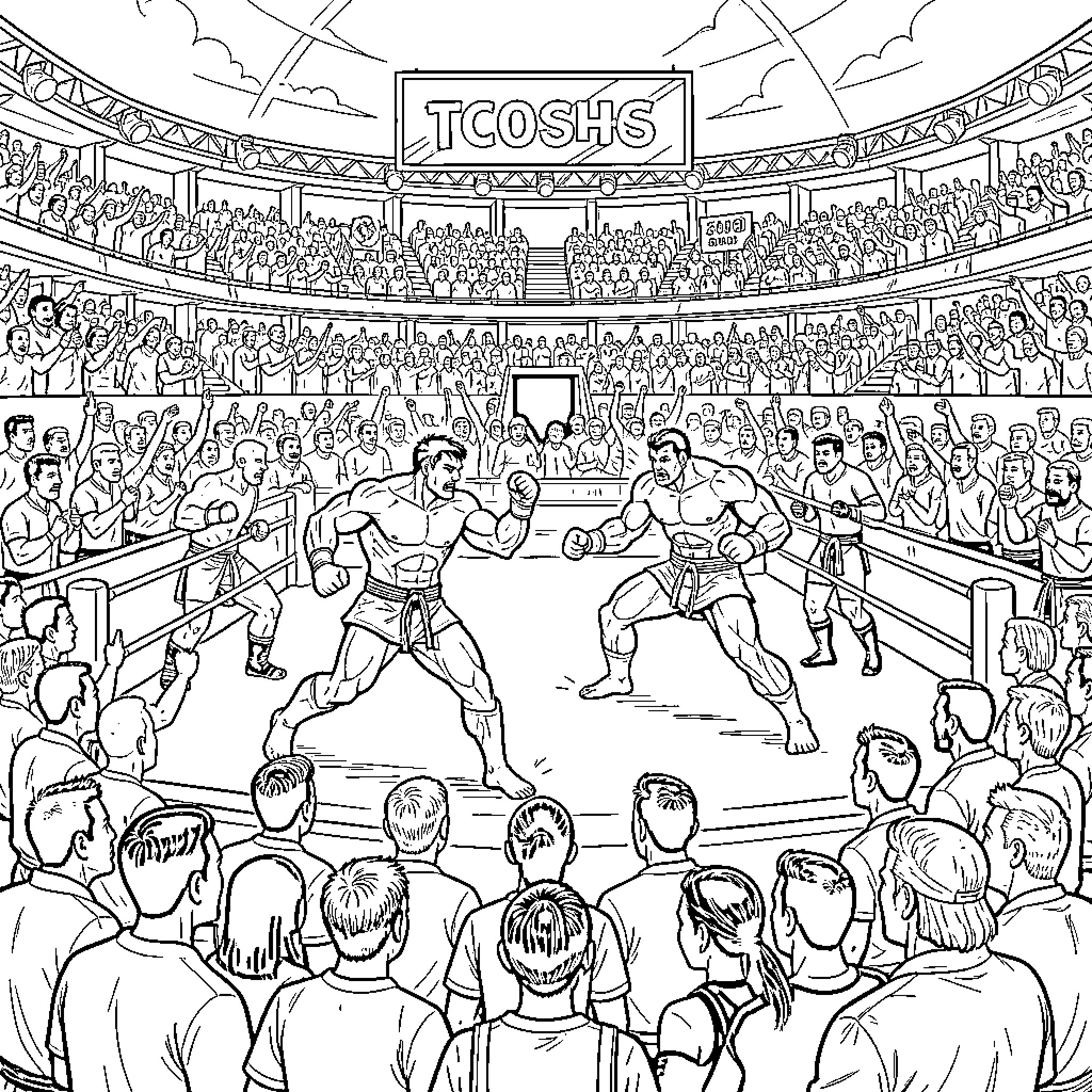 Dragon Ball style boxers fighting in a crowded arena Coloring Page (free black-and-white line drawing printable PDF for all, from beginners to advanced learners, including children, teens, adults, and seniors)