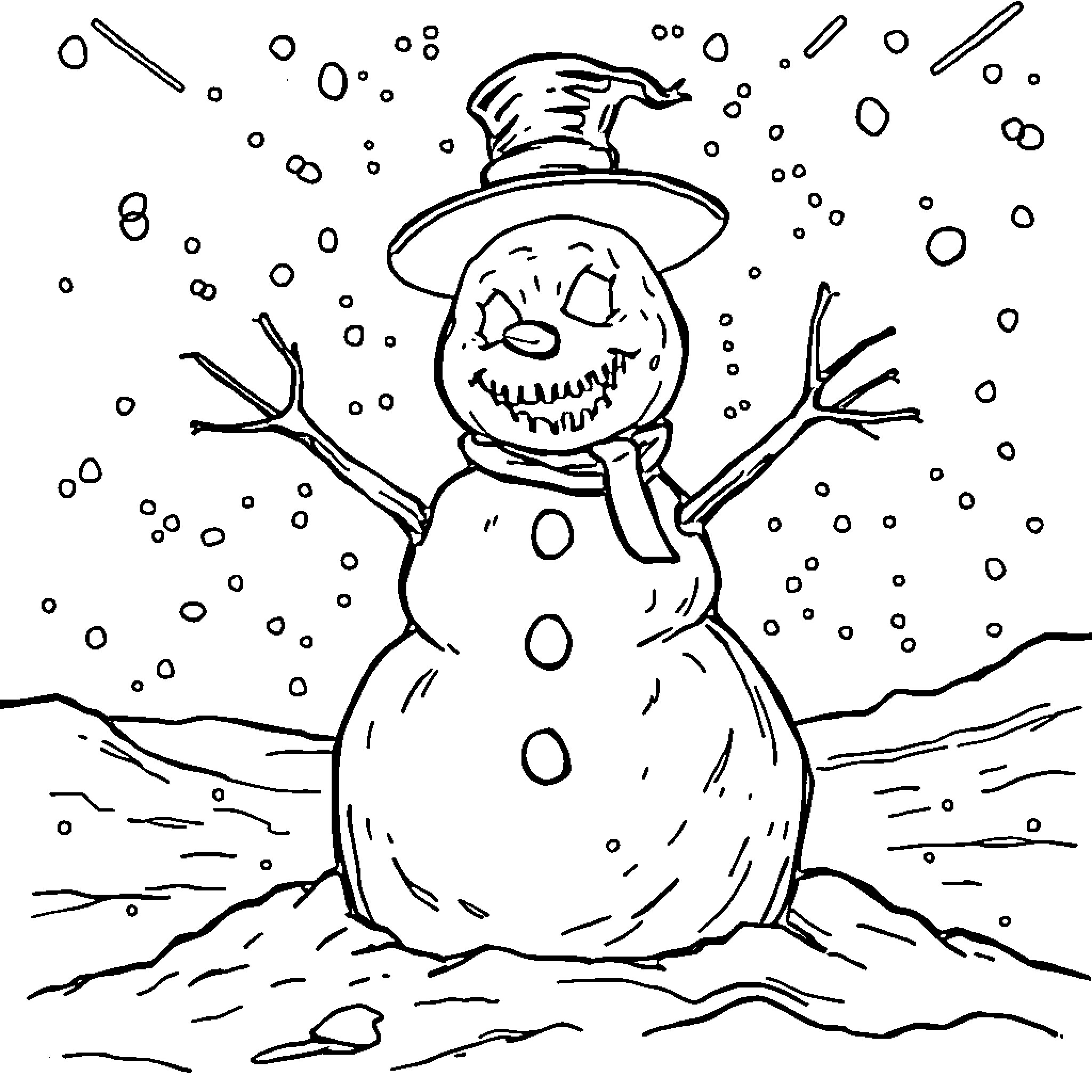 Snowman enjoying a snowy day Coloring Page (free black-and-white line drawing printable PDF for all, from beginners to advanced learners, including children, teens, adults, and seniors)