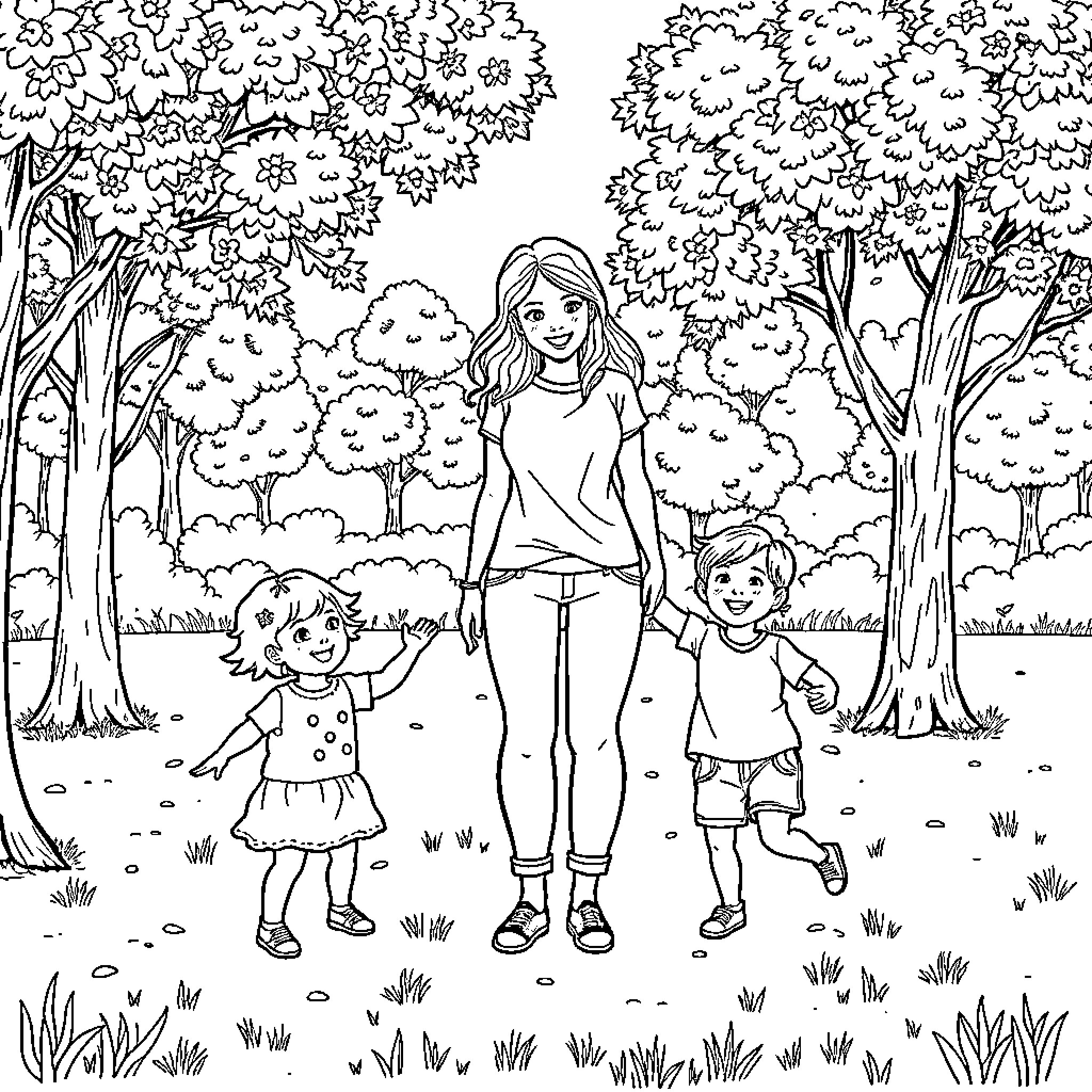 Mother and children exploring nature together Coloring Page (free black-and-white line drawing printable PDF for all, from beginners to advanced learners, including children, teens, adults, and seniors)