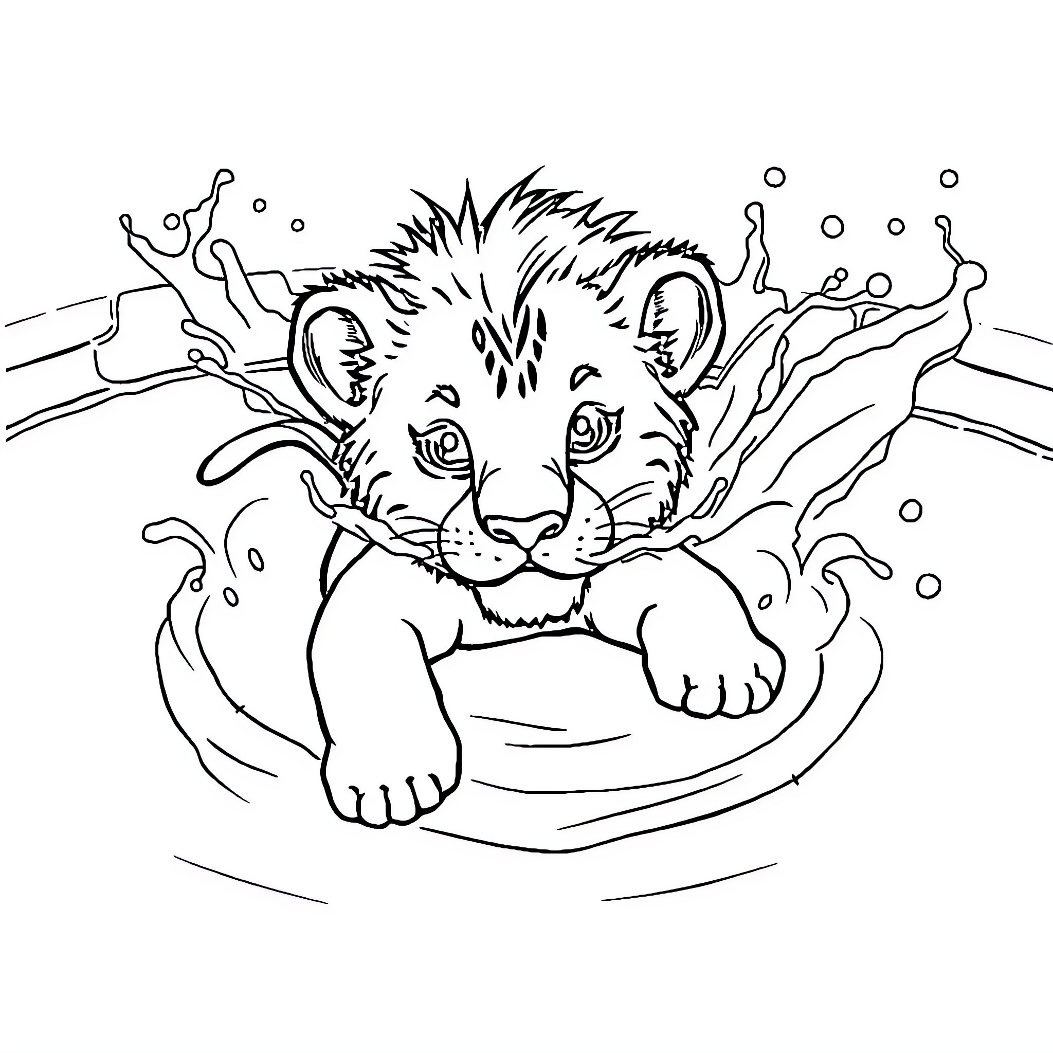 Lion Cub Splashing in Water Coloring Page (free black-and-white line drawing printable PDF for all, from beginners to advanced learners, including children, teens, adults, and seniors)