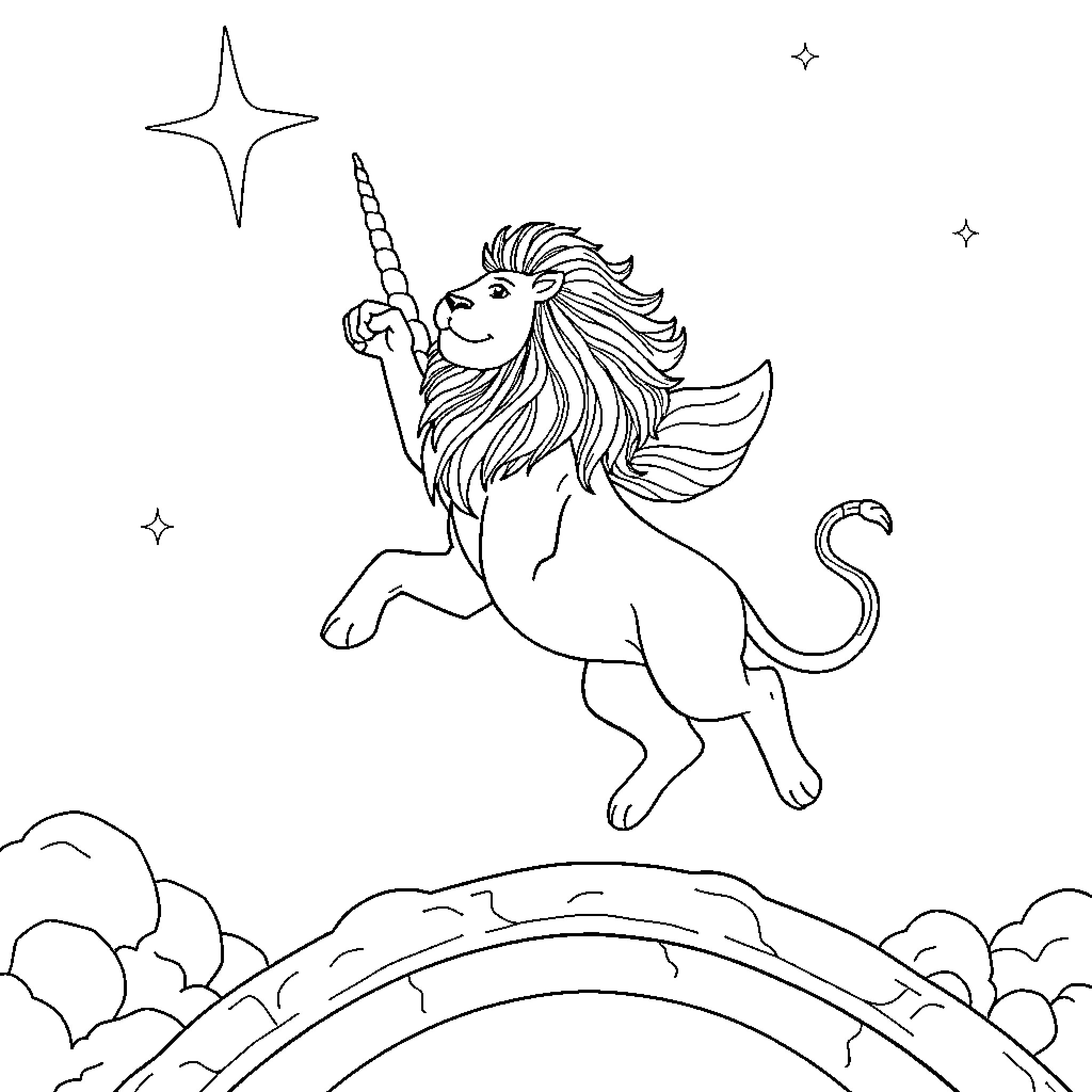 Lion wielding a unicorn horn amidst the stars Coloring Page (free black-and-white line drawing printable PDF for all, from beginners to advanced learners, including children, teens, adults, and seniors)