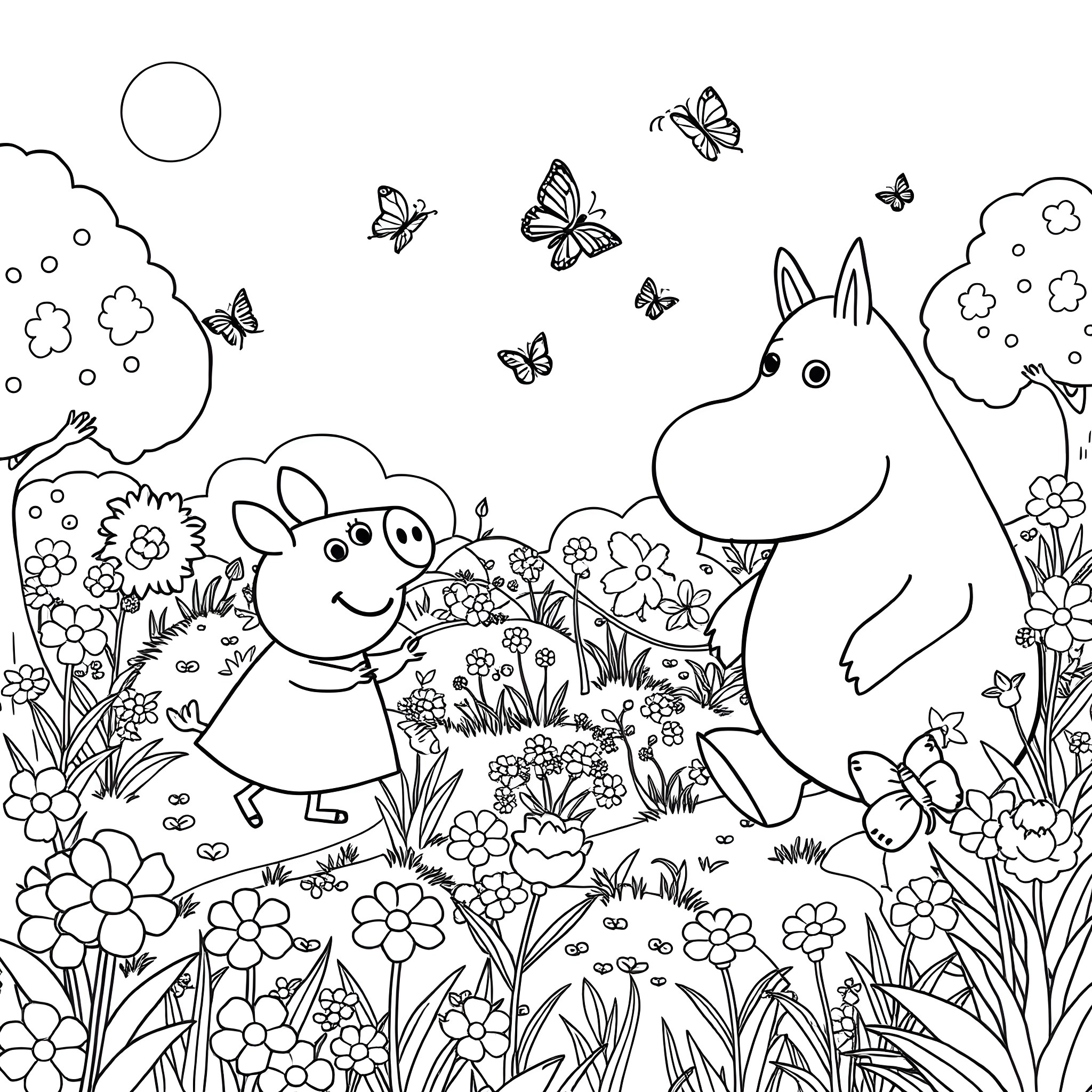 Pepa Pig and friends explore the beautiful meadow Coloring Page (free black-and-white line drawing printable PDF for all, from beginners to advanced learners, including children, teens, adults, and seniors)